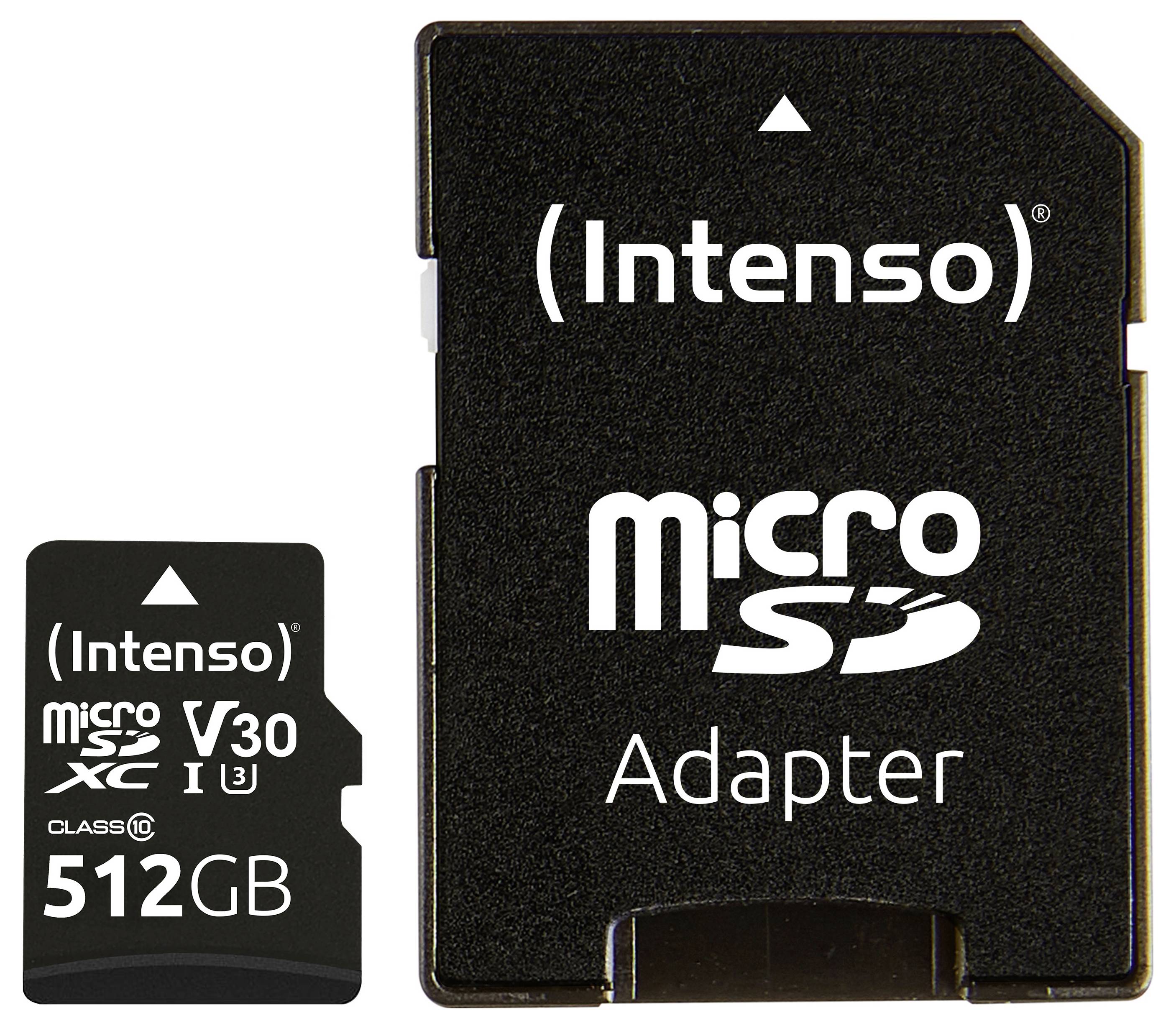 Intenso 512GB microSD-Karte neben einem Adapter mit V30- und Class-10-Spezifikationen für erweiterte Speicherkapazität und Kompatibilität.