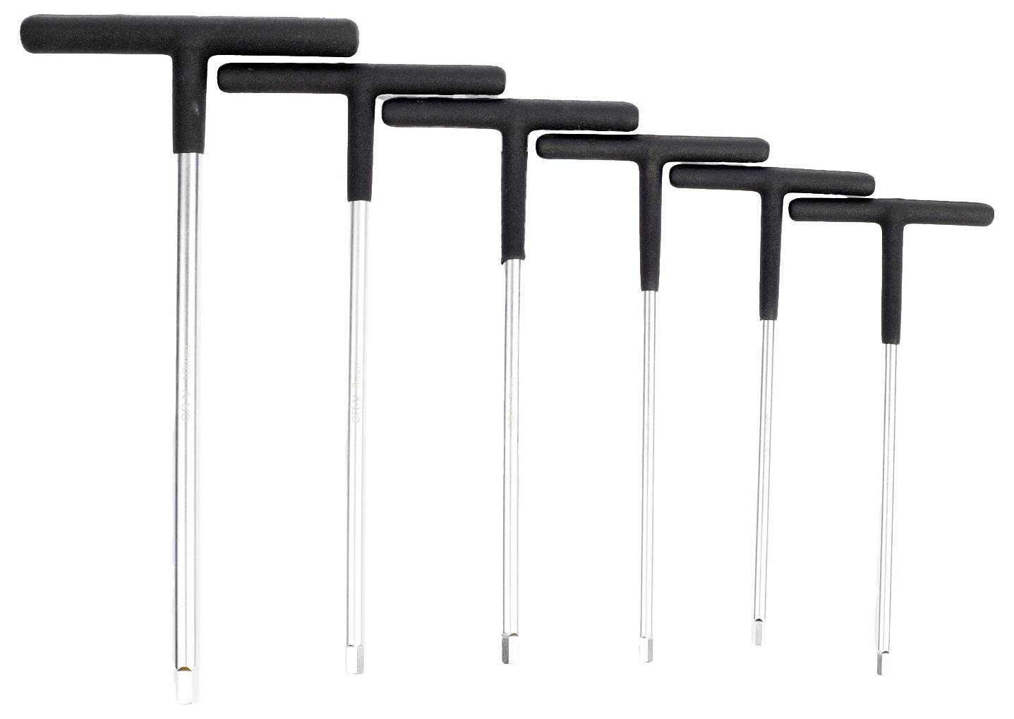 Satz von sechs T-förmigen Inbusschlüsseln in zunehmenden Größen, in einer Reihe angeordnet.