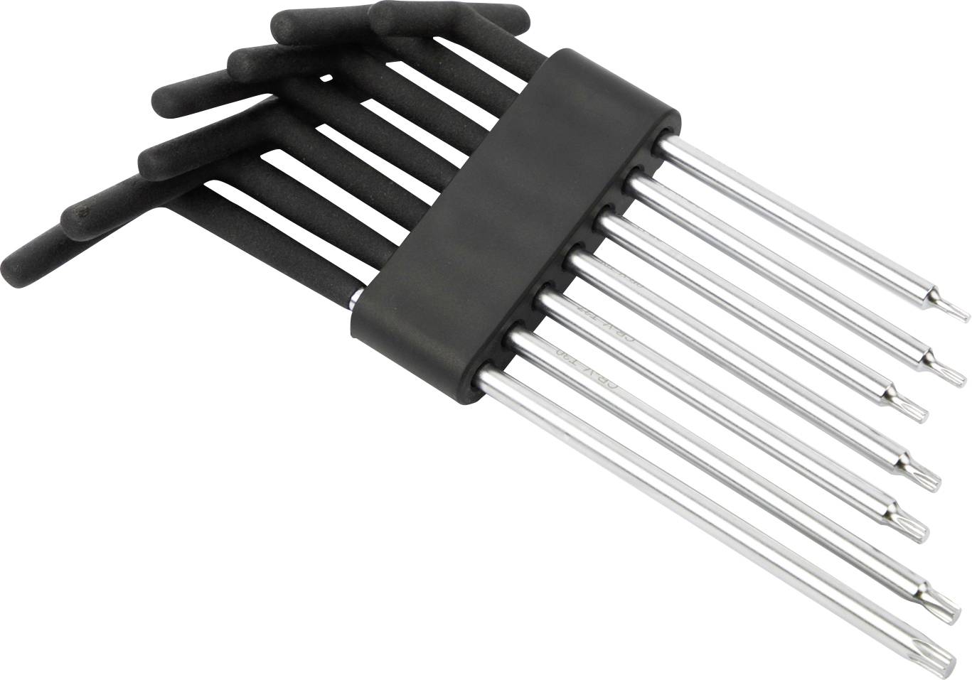 Ein Satz von neun silbernen und schwarzen Innensechskantschlüsseln, jeder in einer anderen Größe, in einer Fächerform angeordnet, zusammengehalten von einem schwarzen Halter.