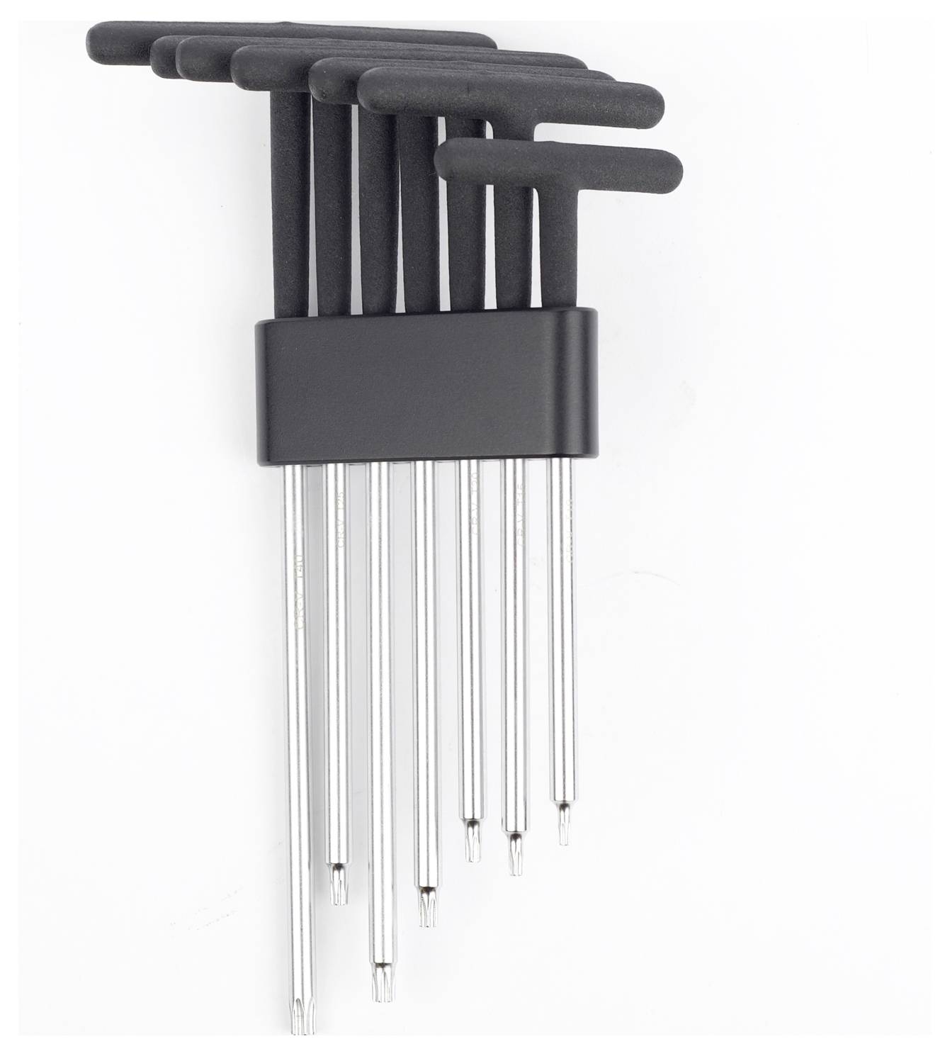 Torx-Innensechskant-Stiftschlüssel-Set mit T-Griff in sechs Größen in einem schwarzen Halter, mit silbernen Schäften und schwarzen ergonomischen Griffen auf weißem Hintergrund.