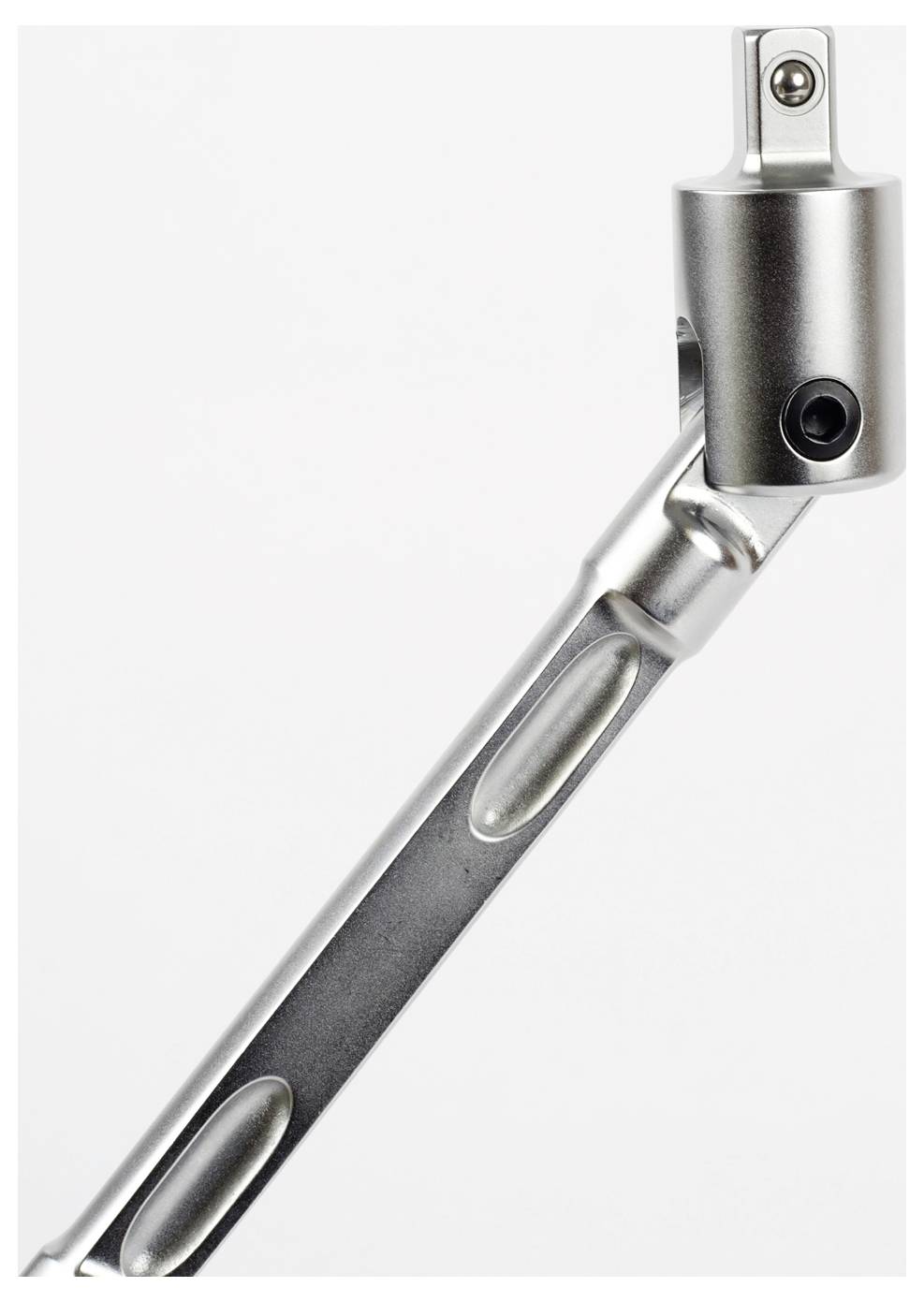 Eine Nahaufnahme eines Metallwerkzeugs mit einem gelenkigen Arm und einem rechteckigen Griff, die Details des Scharniers und der Steckverbindung zeigt.