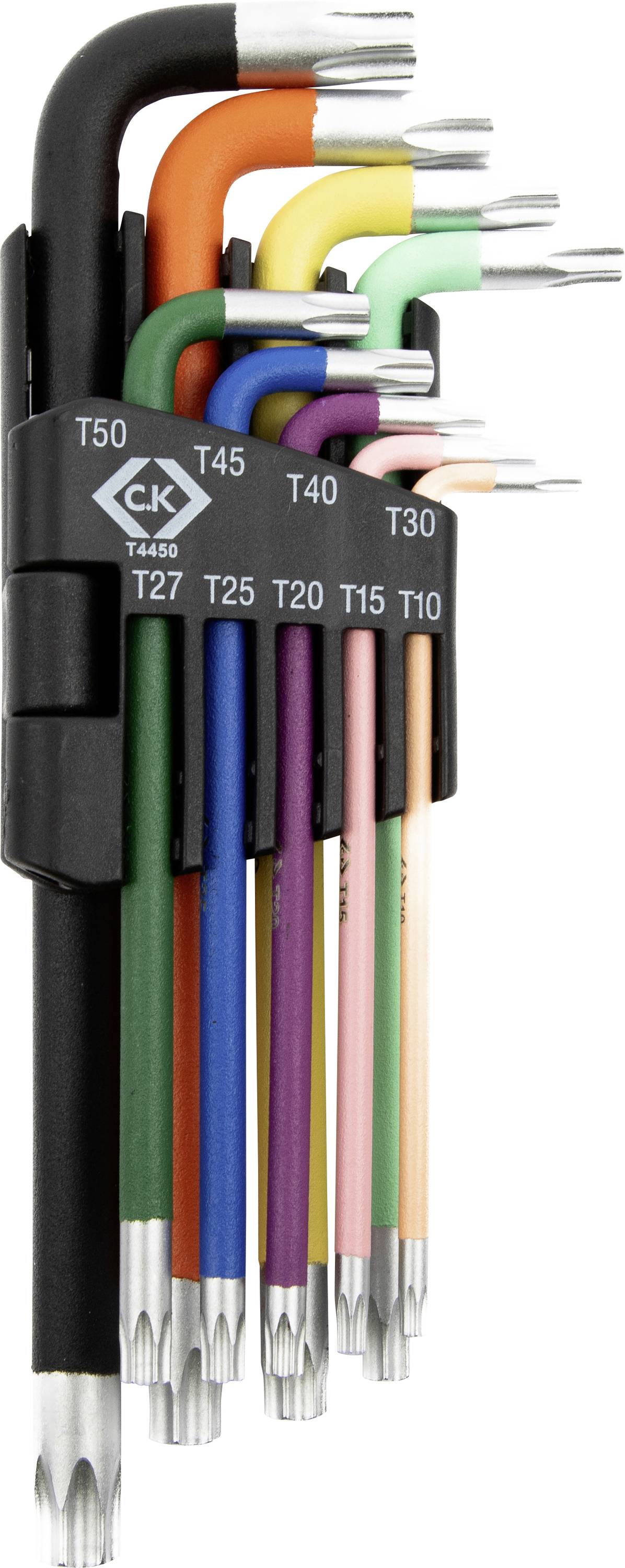 Satz farbenfroher L-förmiger Stern-Torx-Schraubendreher, Größen T10 bis T50, ordnungsgemäß in einem schwarzen Halter mit Größenetiketten organisiert.