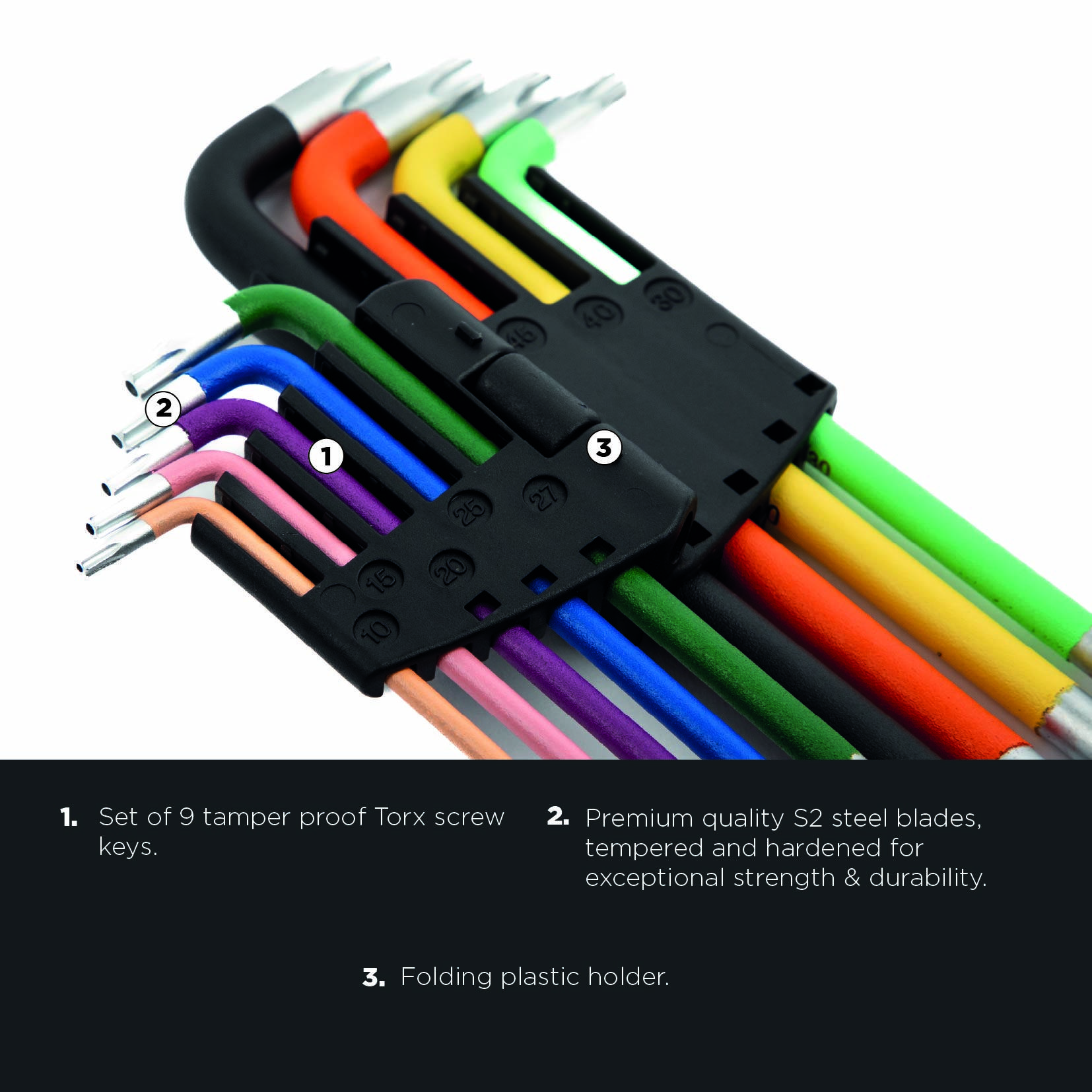 Satz aus 9 manipulationssicheren Torx-Schraubenschlüsseln in einem klappbaren Kunststoffhalter, hergestellt aus hochwertigem S2-Stahl für Festigkeit und Langlebigkeit.
