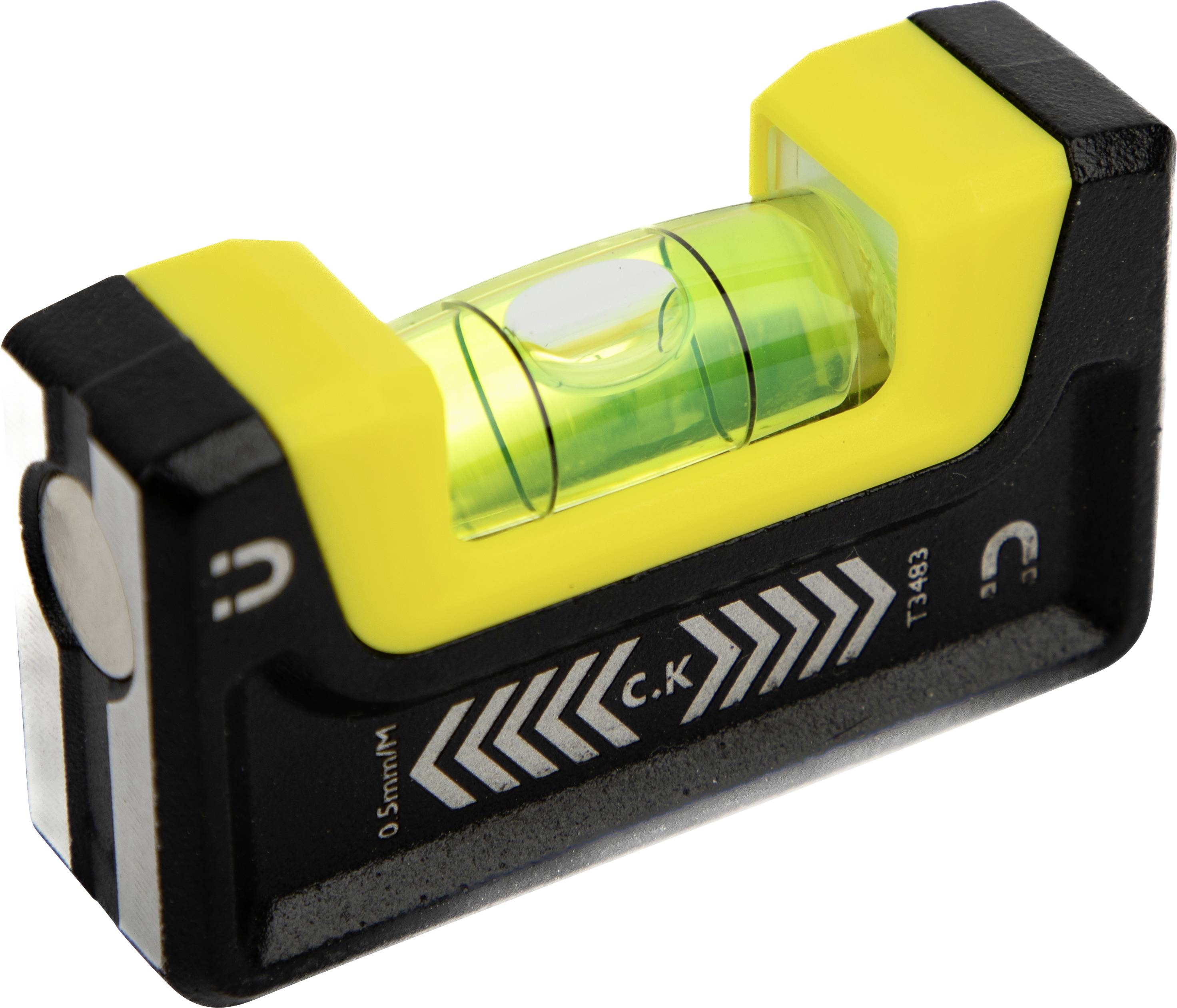 Ein kleines gelb-schwarzes Wasserwaagenmessgerät mit einer magnetischen Seite, das ein grünes flüssigkeitsgefülltes Rohr mit einer Luftblase zur Sicherstellung ebener Oberflächen aufweist.