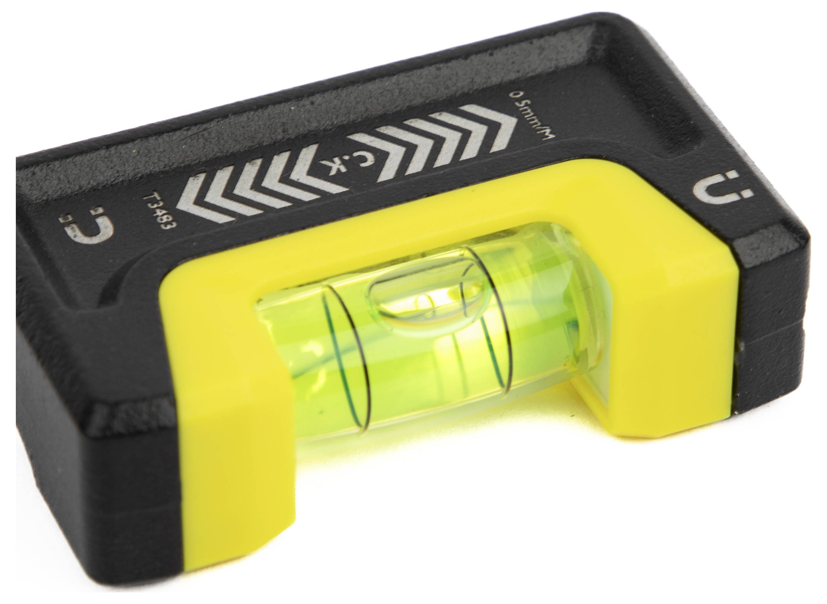 Ein kompakter magnetischer Wasserwaage mit gelbem Gehäuse, mit einer horizontalen Luftblasenkammer zum Messen der Oberflächenebenheit.