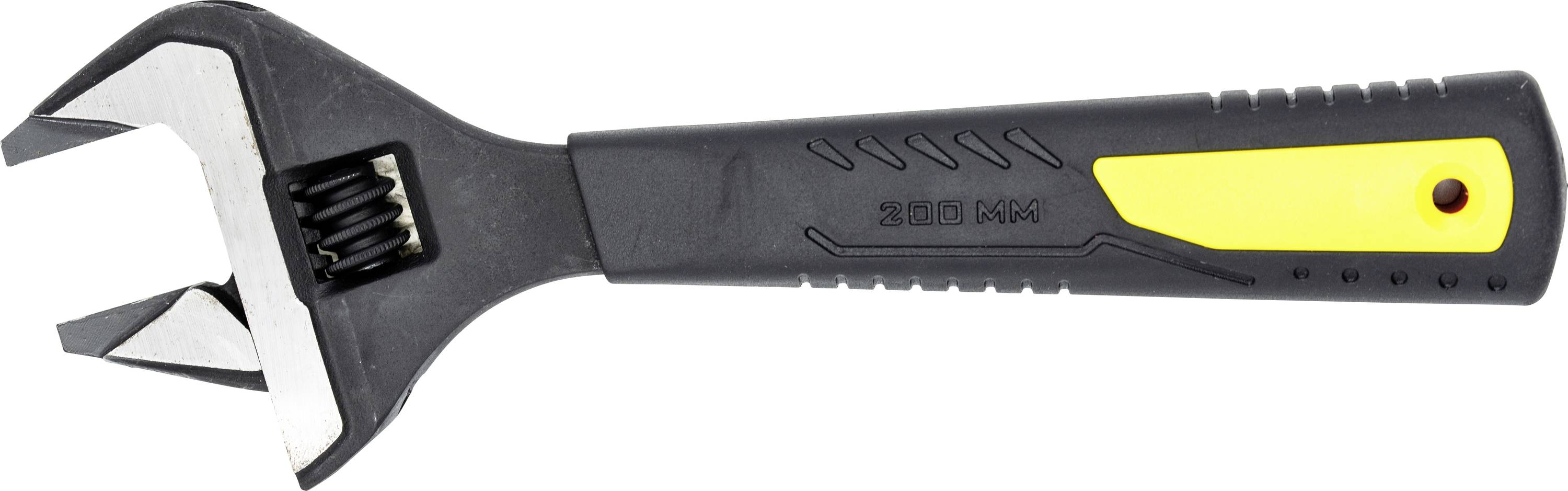 Ein verstellbarer Schraubenschlüssel mit schwarz-gelbem Griff, entwickelt zum Greifen und Drehen von Muttern und Schrauben verschiedener Größen.