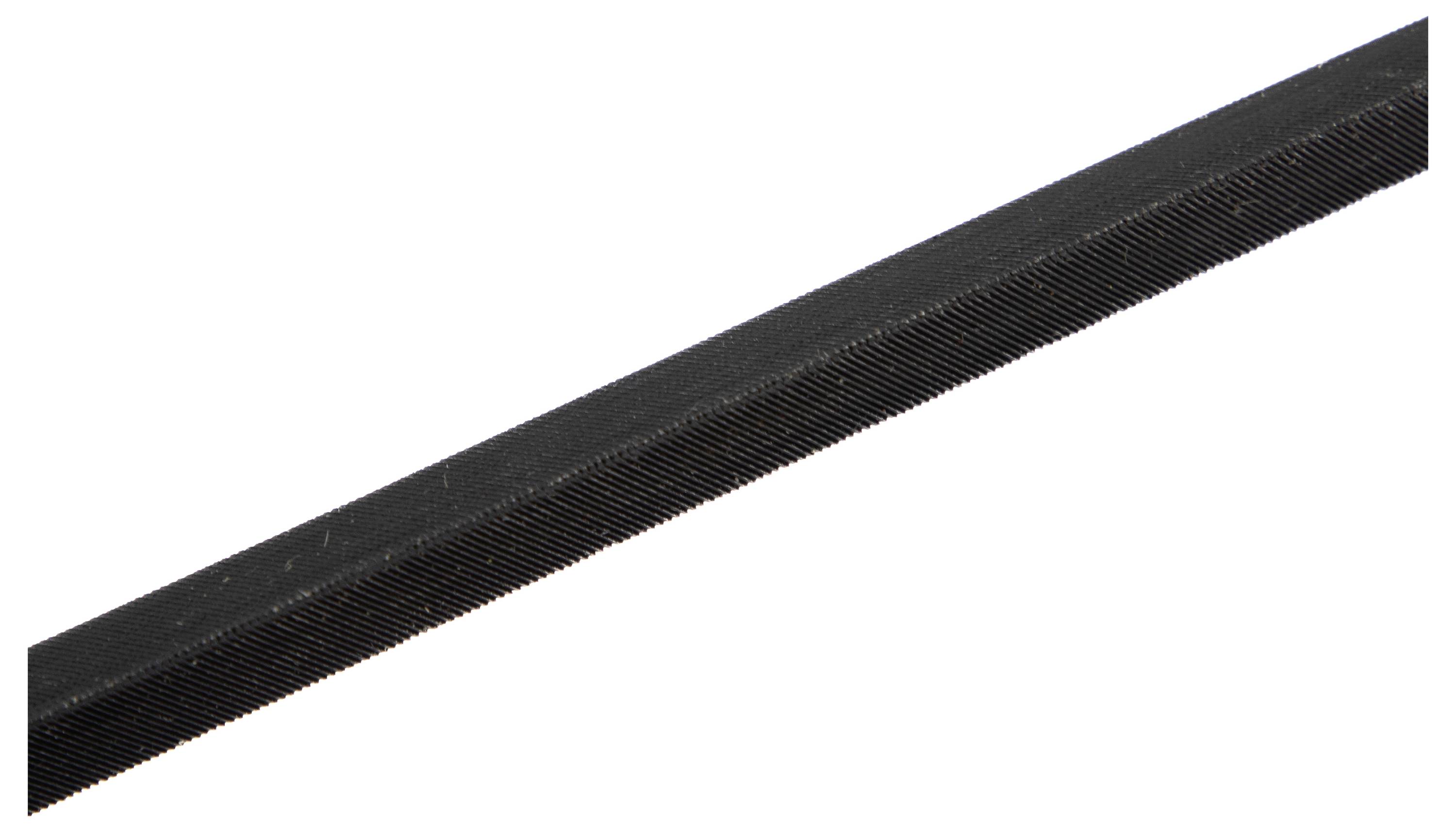 Eine Nahaufnahme einer Metallfeile mit ihrer gezahnten Oberfläche, die zum Glätten oder Formen von Materialien verwendet wird.