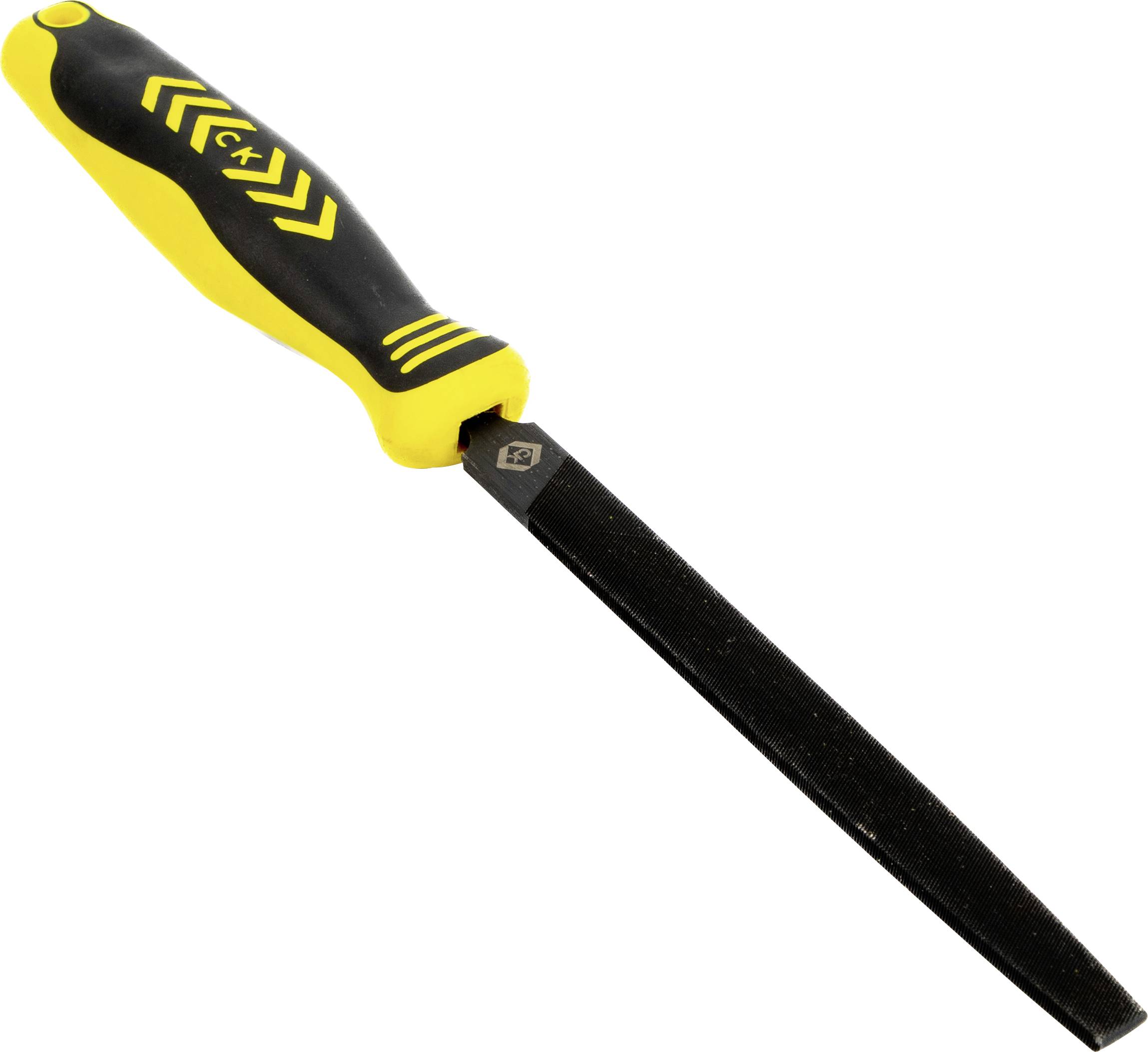 Handfeile mit gelbem und schwarzem Griff, flache Metalloberfläche zum Bearbeiten.