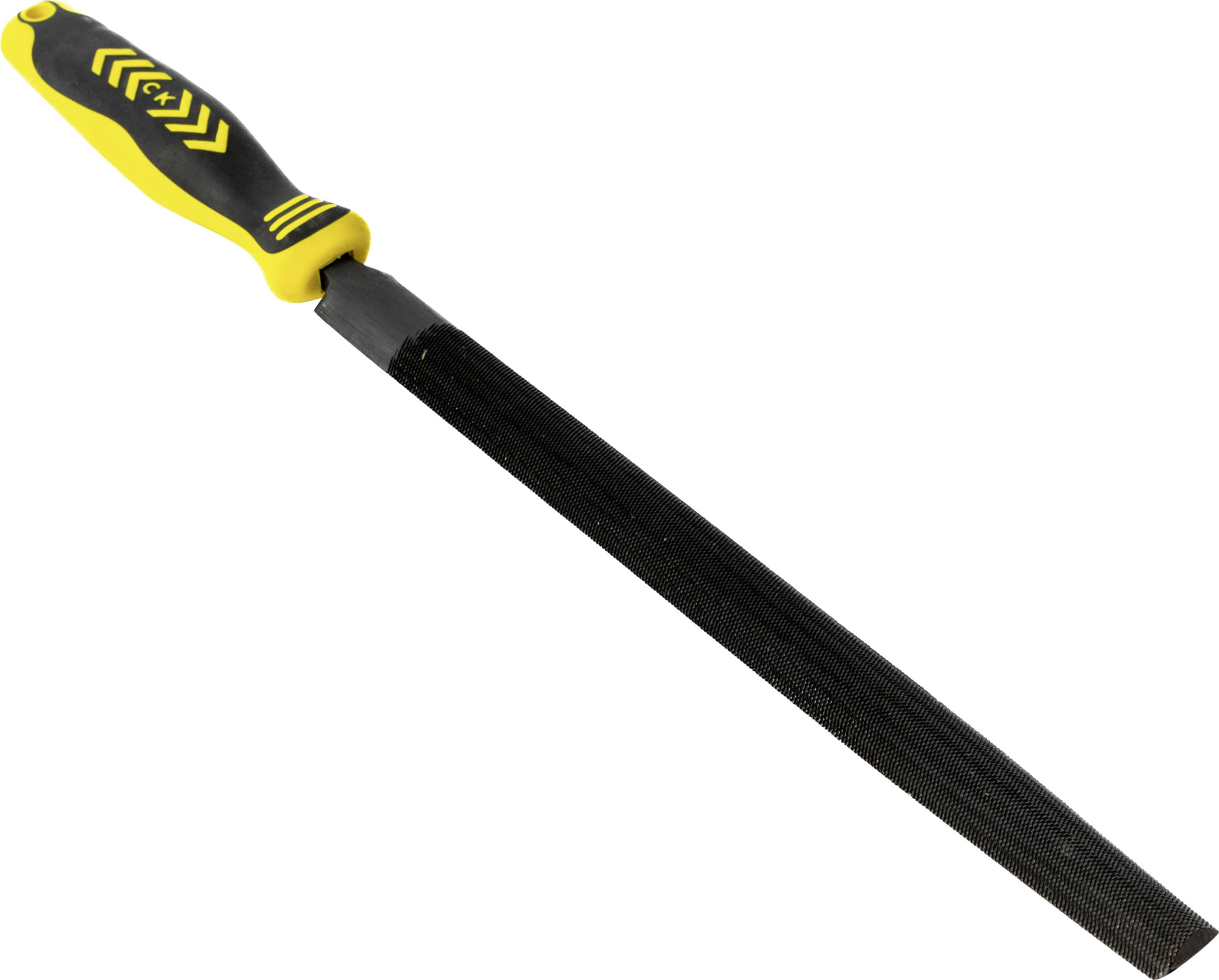 Ein Handwerkzeug mit schwarzem und gelbem Griff, das an einer langen, strukturierten Metallfläche befestigt ist. Die Feile ist zum Glätten von Oberflächen konstruiert.