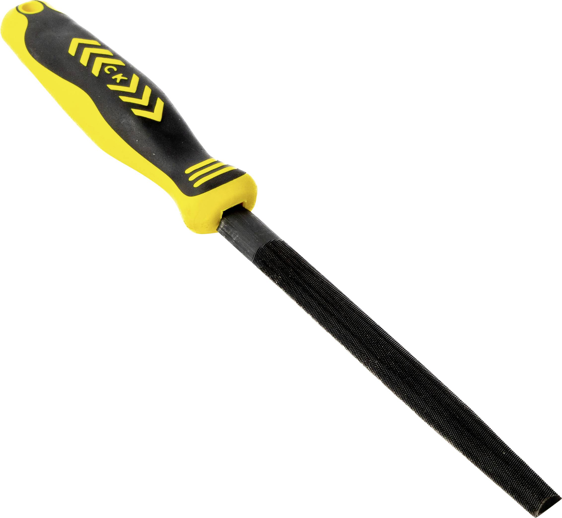 Ein Metallfeilen-Werkzeug mit einem gelb-schwarzen Griff, das zum Feilen und Glätten von Oberflächen konzipiert ist.