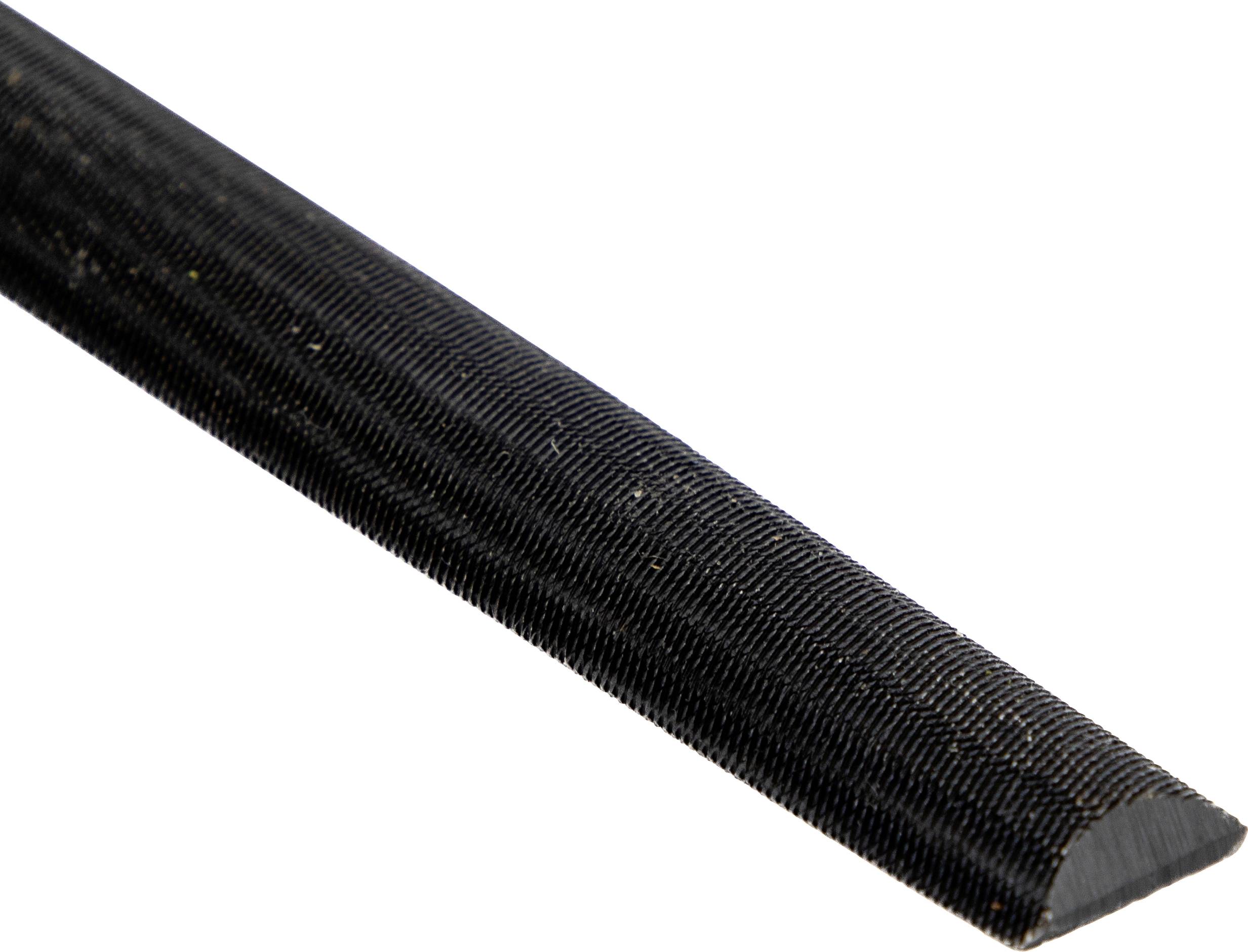 Ein Nahaufnahmebild einer halbkreisförmigen, feingezahnten Feile, die häufig zum Glätten oder Formen von Kanten in verschiedenen Materialien verwendet wird.