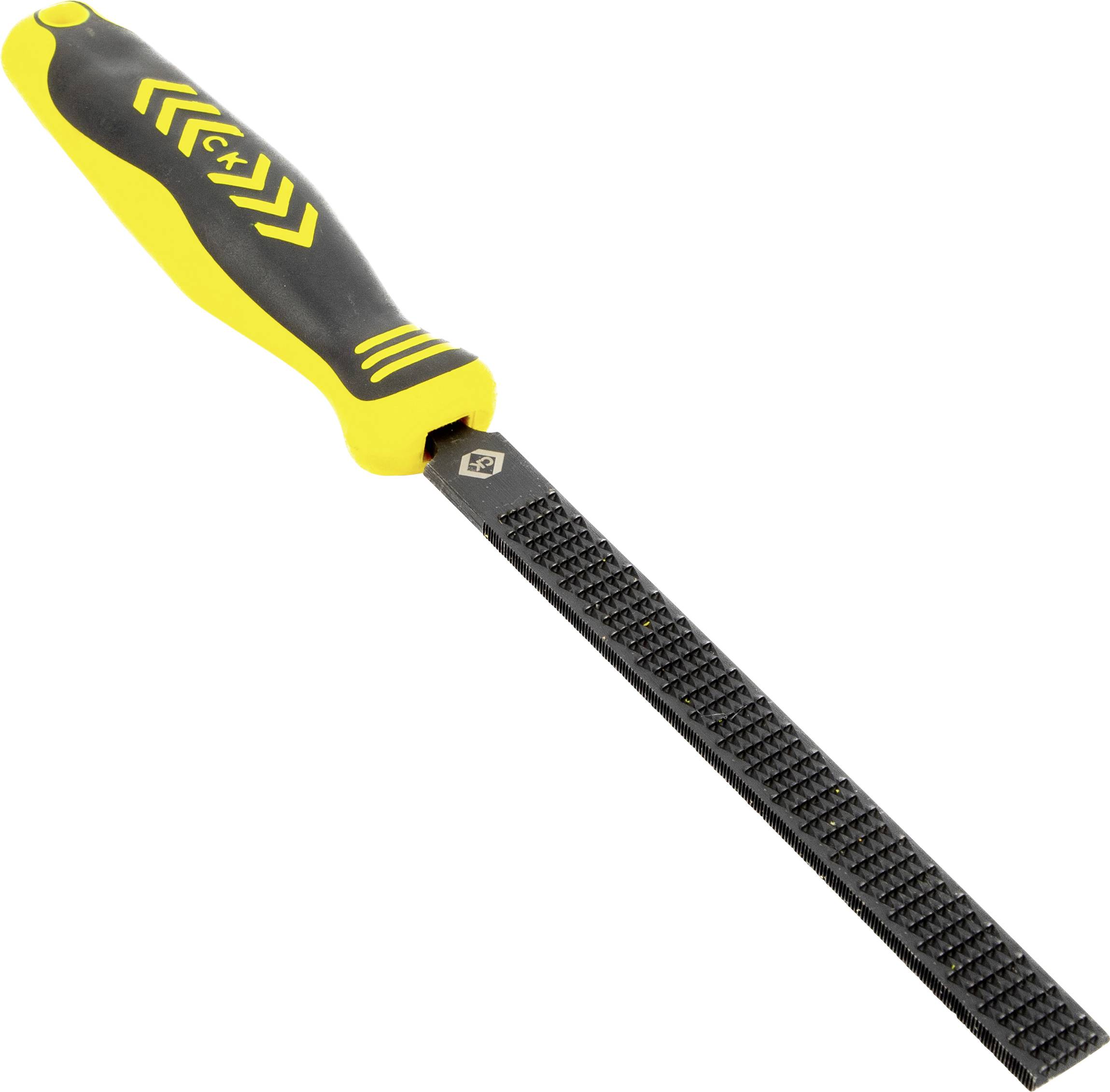 Eine schwarz-gelbe Handfeile mit Griff, die eine grobe Metalloberfläche zum Glätten von Materialien aufweist.