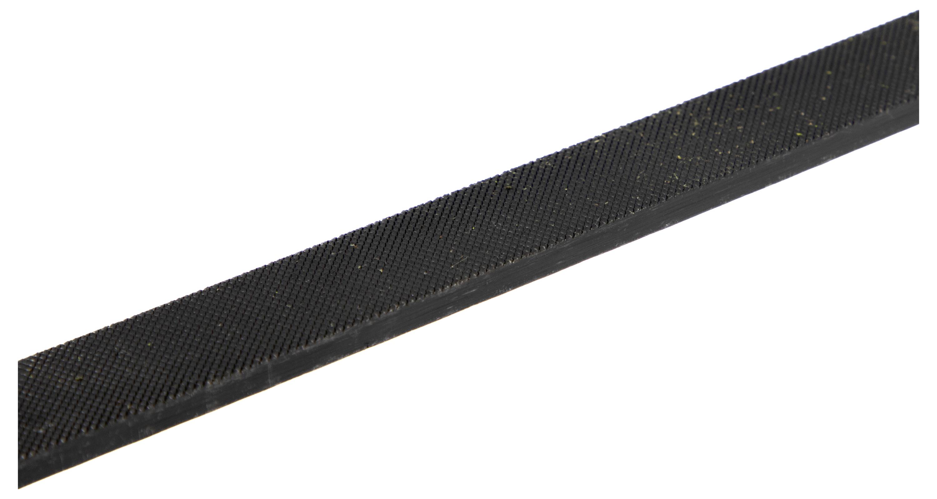 Eine flache, schwarze Metallfelle mit einer strukturierten, rauen Oberfläche, die zum Glätten oder Formen von Materialien verwendet wird.