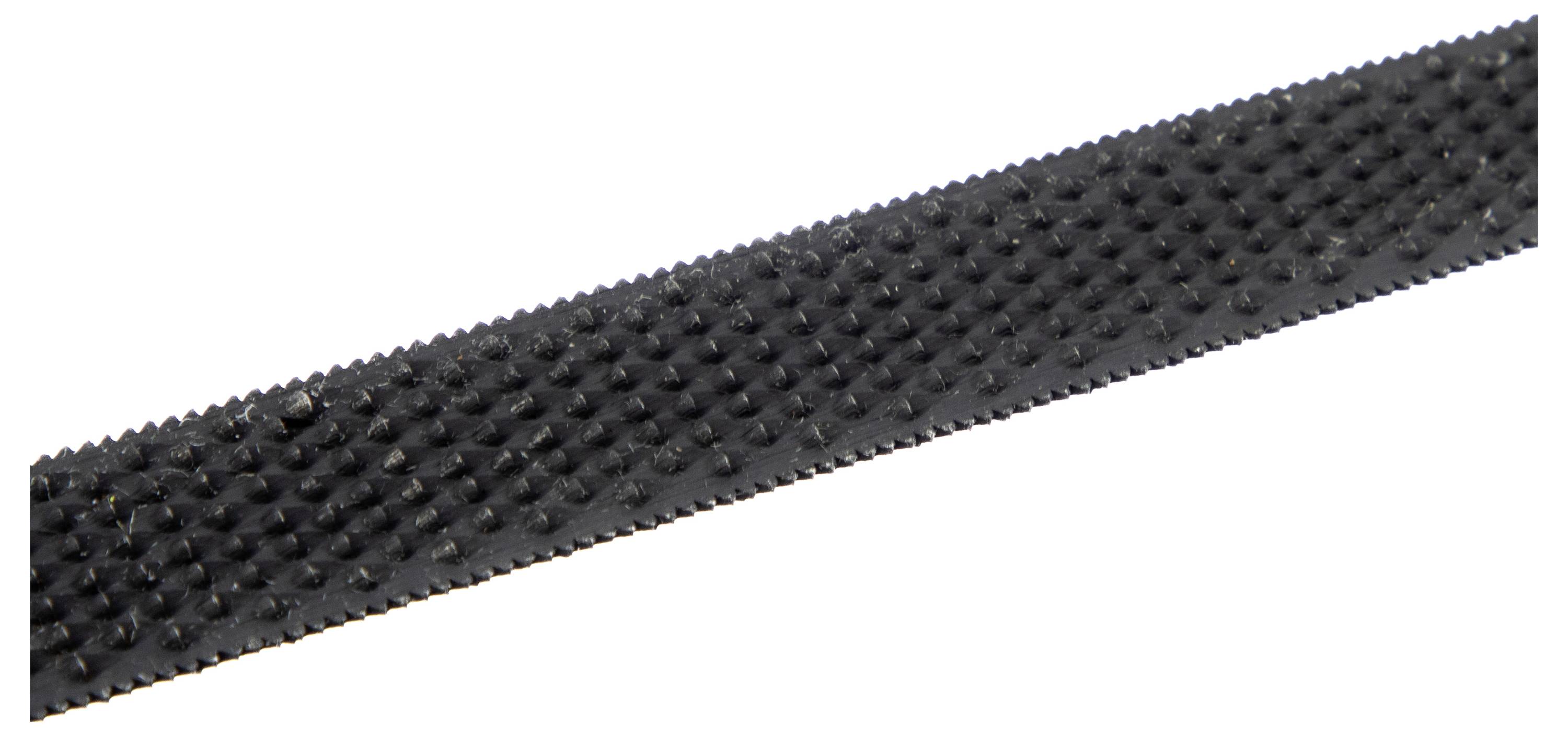 Eine Nahaufnahme eines schwarzen, strukturierten Streifens mit kleinen erhabenen Punkten, möglicherweise ein Griffmaterial oder eine Haftungsmaterial.