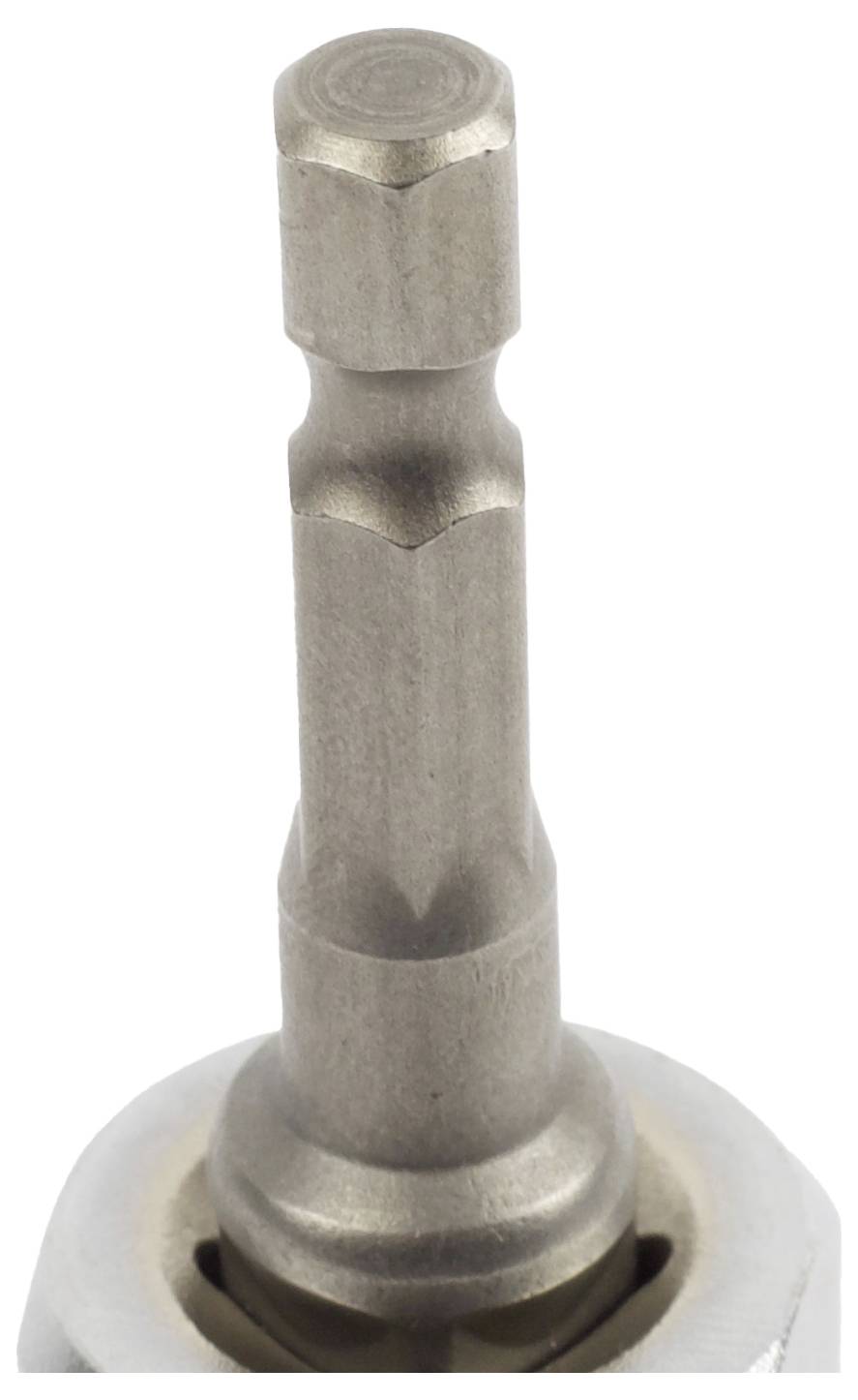 Ein metallischer Sechskant-Schraubendreher-Aufsatz mit zylindrischem Schaft, ausgelegt für die Verwendung mit Elektrowerkzeugen oder manuellen Griffen.