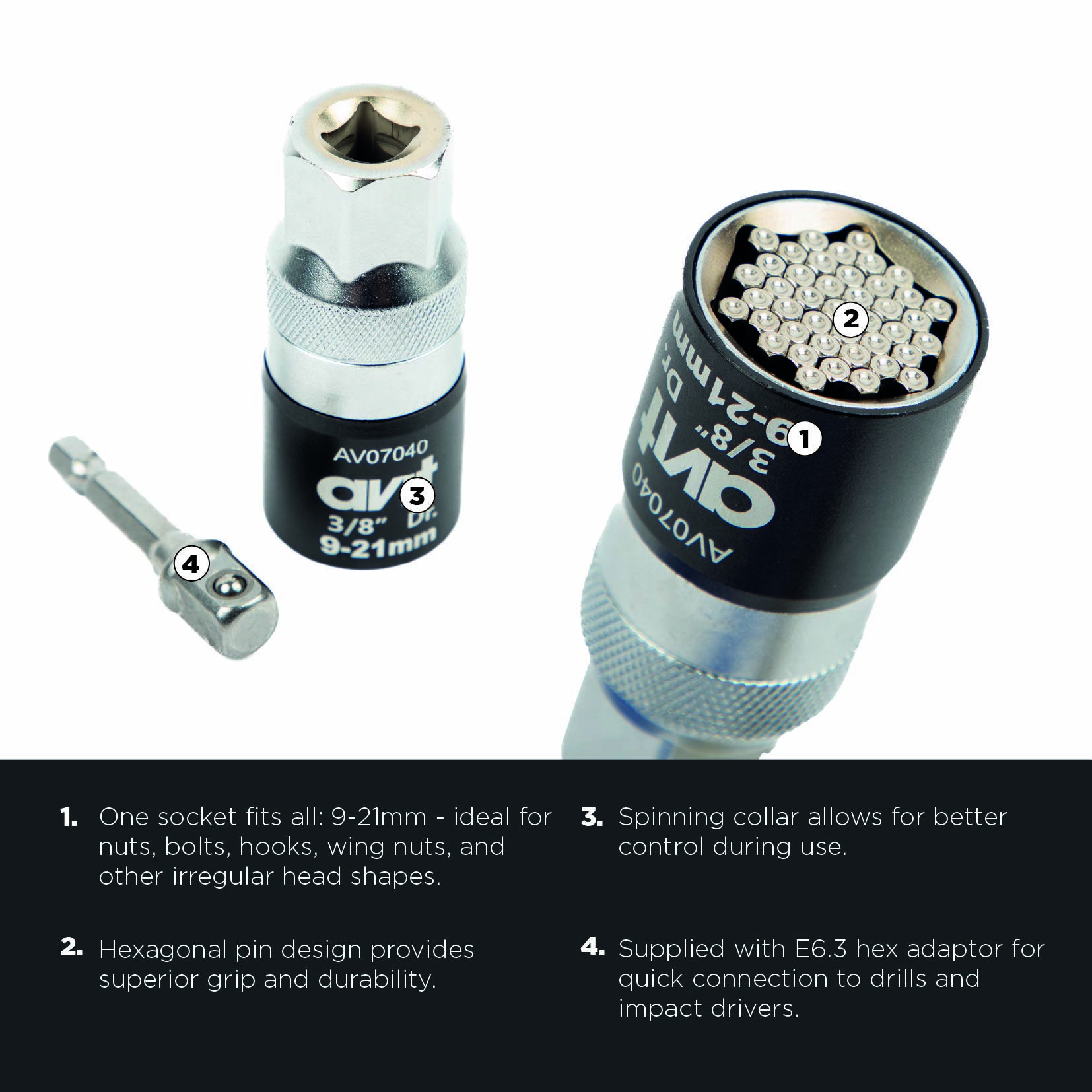 Ein universeller Steckschlüssel-Adapter mit drehbarem Kragen und Sechskant-Stiftdesign, passend für 9-21mm. Enthält Sechskant-Adapter für Bohrmaschinen.