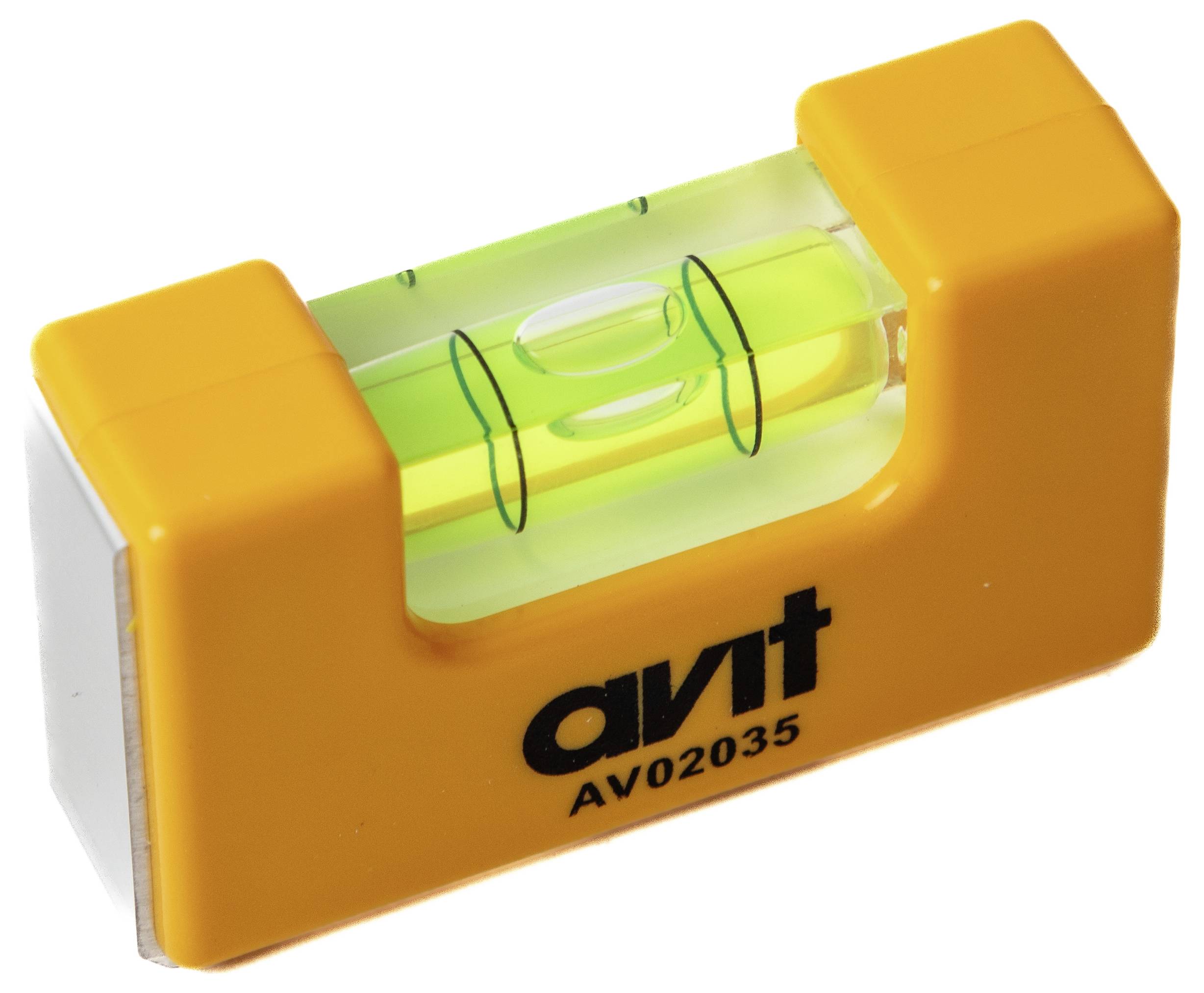 Eine gelbe Wasserwaage mit einem durchsichtigen Rohr und grüner Flüssigkeit, die zur Überprüfung der horizontalen Ausrichtung verwendet wird.