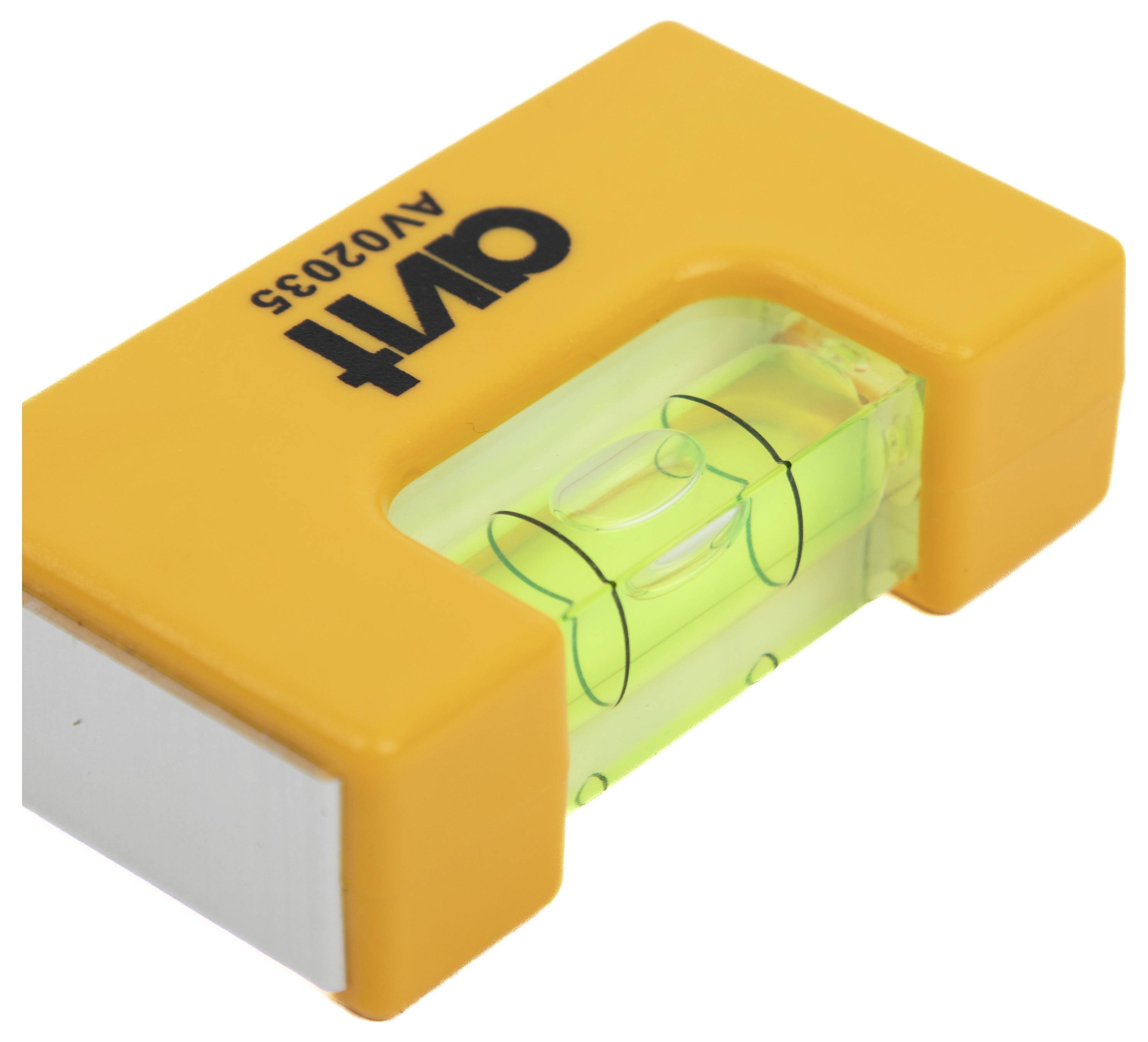 Ein kleines, rechteckiges, gelbes Kunststoff-Wasserwaage mit einer grünflüssigkeitsgefüllten Kammer, verwendet zur Überprüfung der horizontalen Ausrichtung.