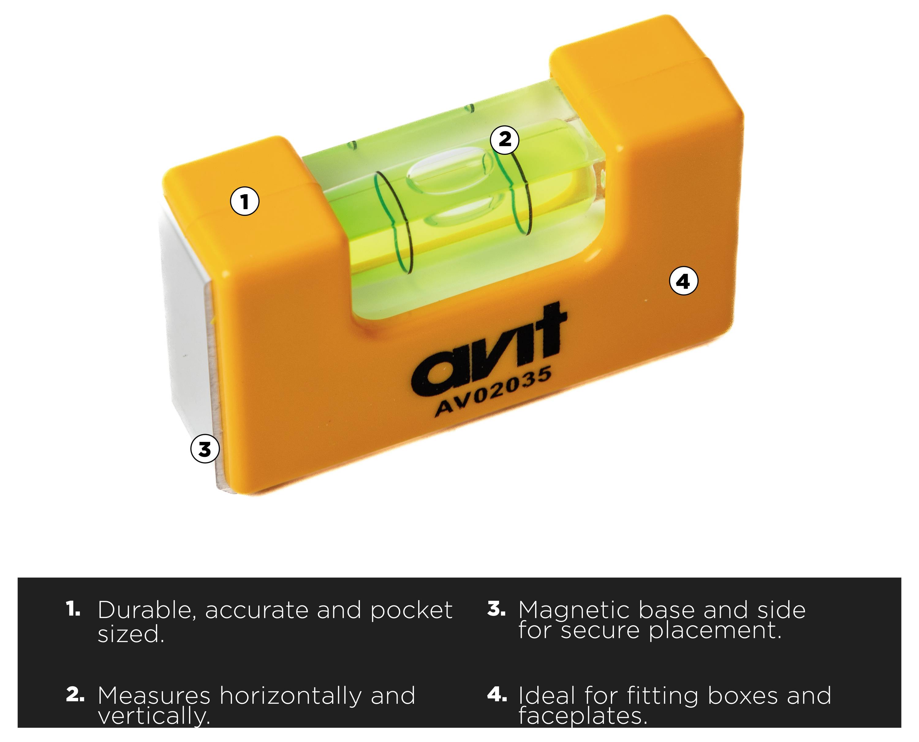 Wasserwaage mit Magnetkanten, misst horizontal und vertikal, taschenformat, sichere Platzierung für Anschlussdosen und Abdeckplatten.
