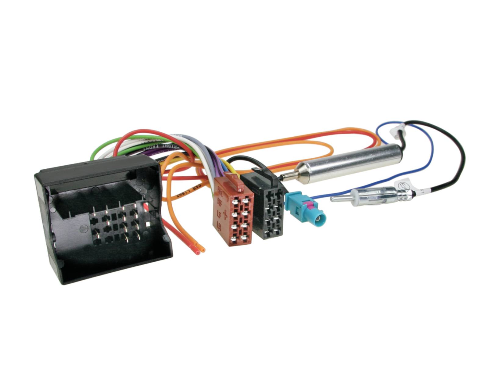 Kabelbaum für Kraftfahrzeuge mit Steckverbindern und Kabeln, einschließlich eines schwarzen Modulsteckers, auf weißem Hintergrund.