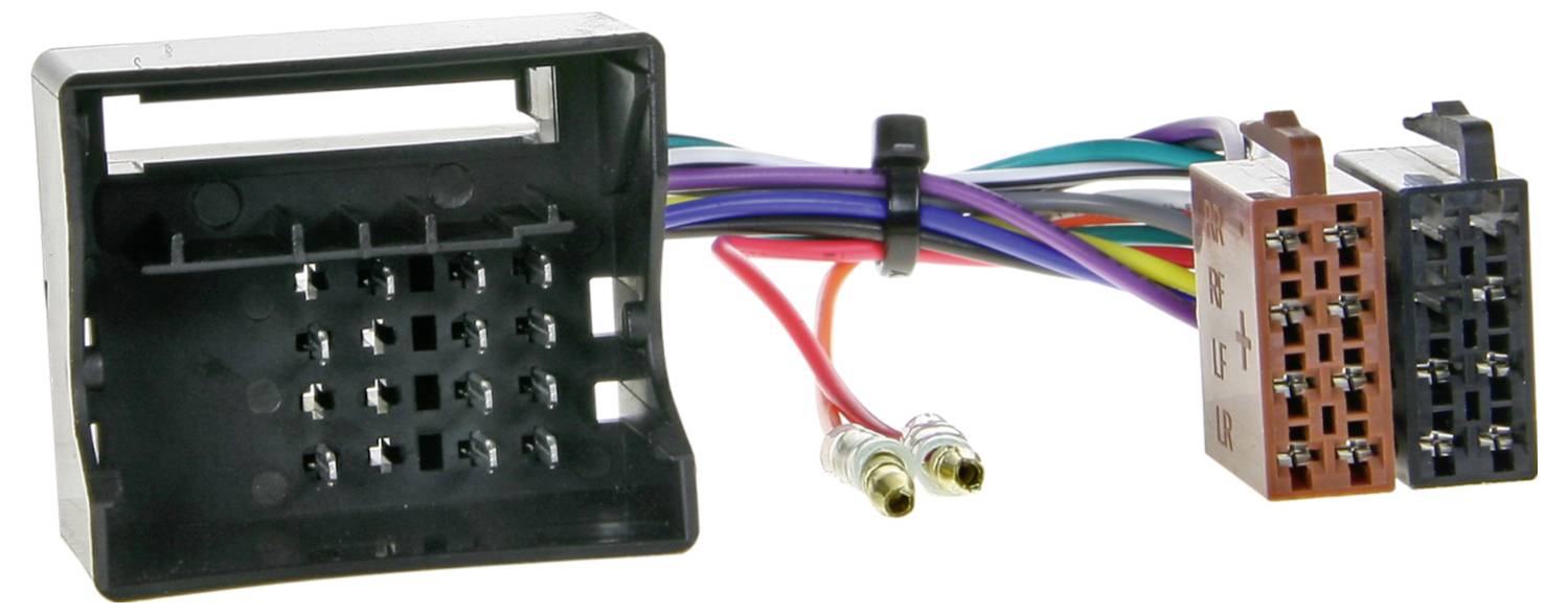 Fahrzeugstereoanschlussgarnitur mit Steckverbindern und schwarzem Befestigungsrahmen. Farbcodierte Kabel sind zusammengebündelt.