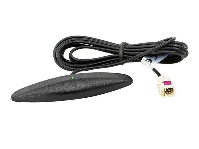Eine schwarze GPS-Antenne mit einem aufgerollten Kabel und einem beigen Stecker, verwendet für Fahrzeugnavigationssysteme.