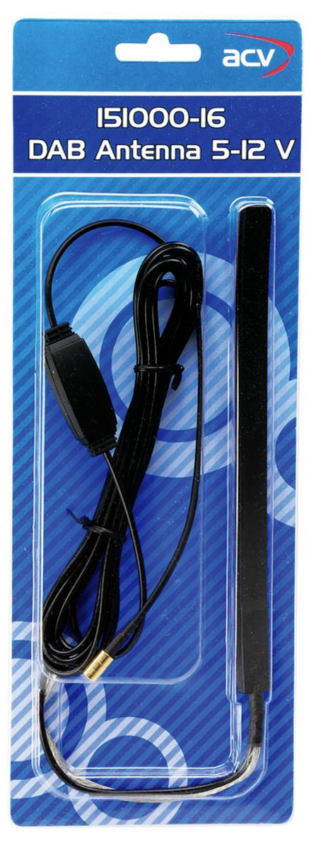 Verpackung für eine ACV i51000-16 DAB-Antenne 5-12 V, die ein drahtgebundenes Antennenkits mit schwarzem Inline-Modul und Metallantennen-Mast in Blisterverpackung zeigt.
