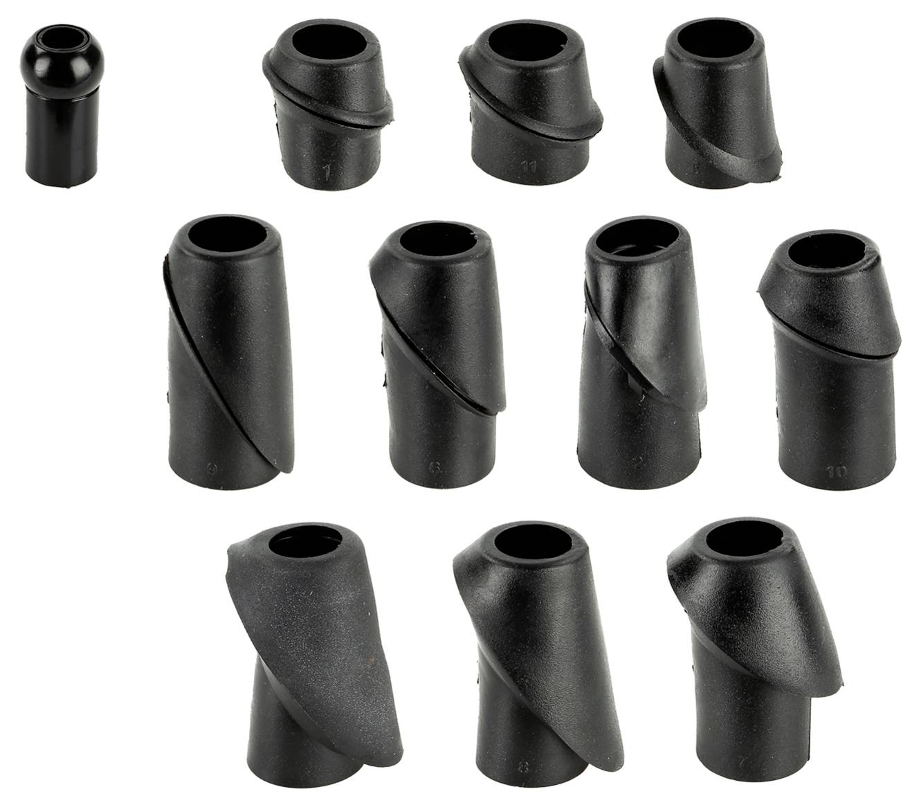 Neun schwarze Gummimuffen/Adapter in verschiedenen Größen und gewinkelt Formen, die auf weißem Hintergrund angezeigt werden.