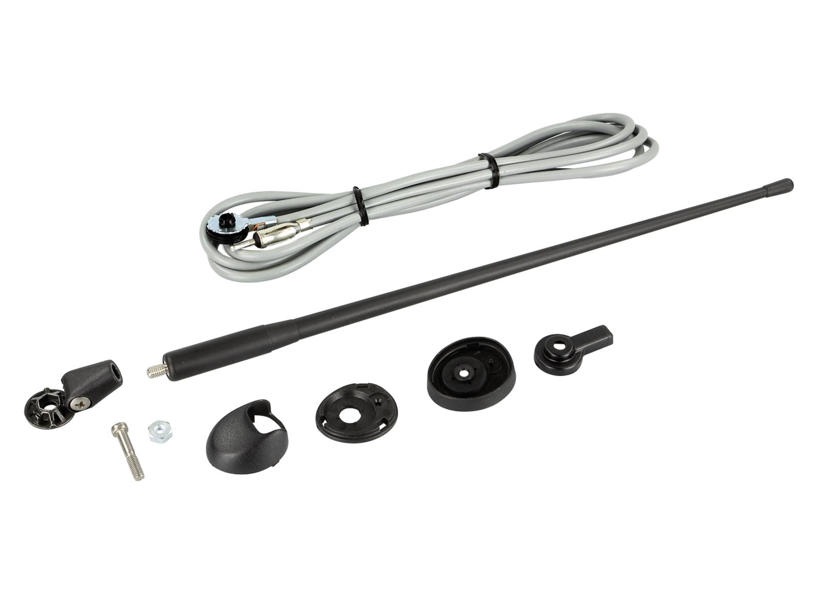 Ein Magnetdachantennen-Set mit einem aufgewickelten Kabel, langem Antennenmast, Montageteilen, Schrauben und Kappen auf weißem Hintergrund.