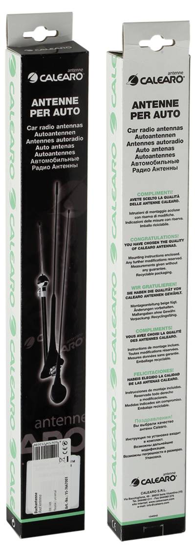 Zwei Calearo-Autoradioantennenboxen von vorne und hinten gezeigt, schwarze und silberne Verpackung mit Produktfoto und mehrsprachigem Text „ANTENNE PER AUTO