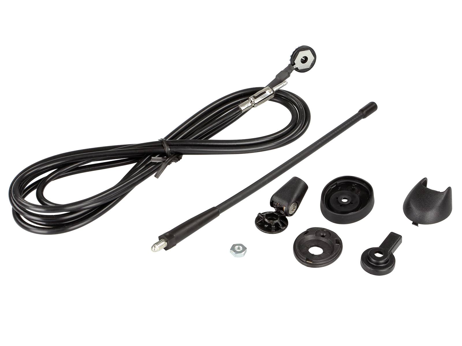 Aufgerolltes schwarzes Kabel mit Metallösen-Stecker, separate Stange und Montagehardware-Teile auf weißem Hintergrund.