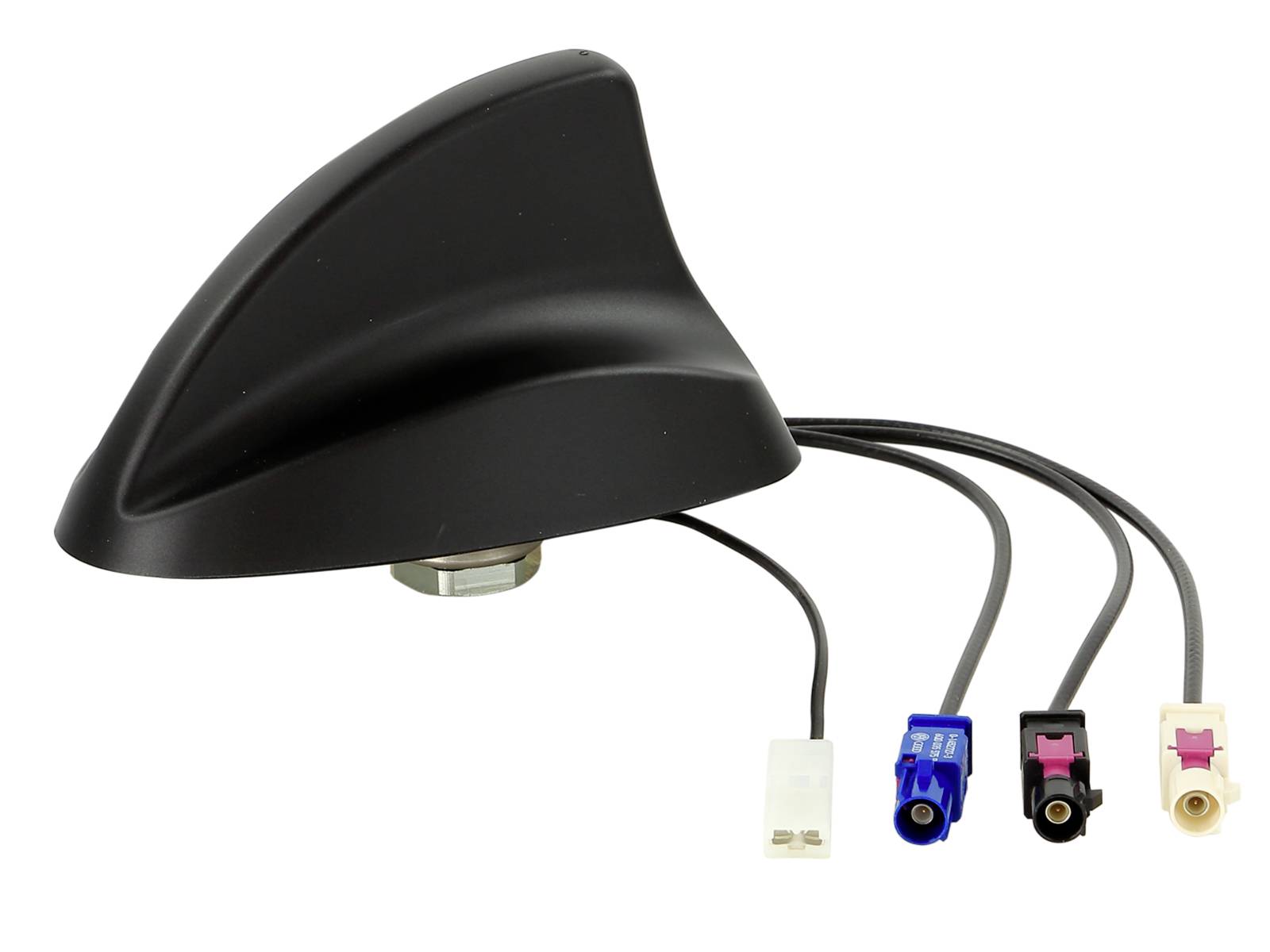 Schwarze Haifischflossen-Dachantenne mit vier Verbindungskabeln auf weißem Hintergrund.