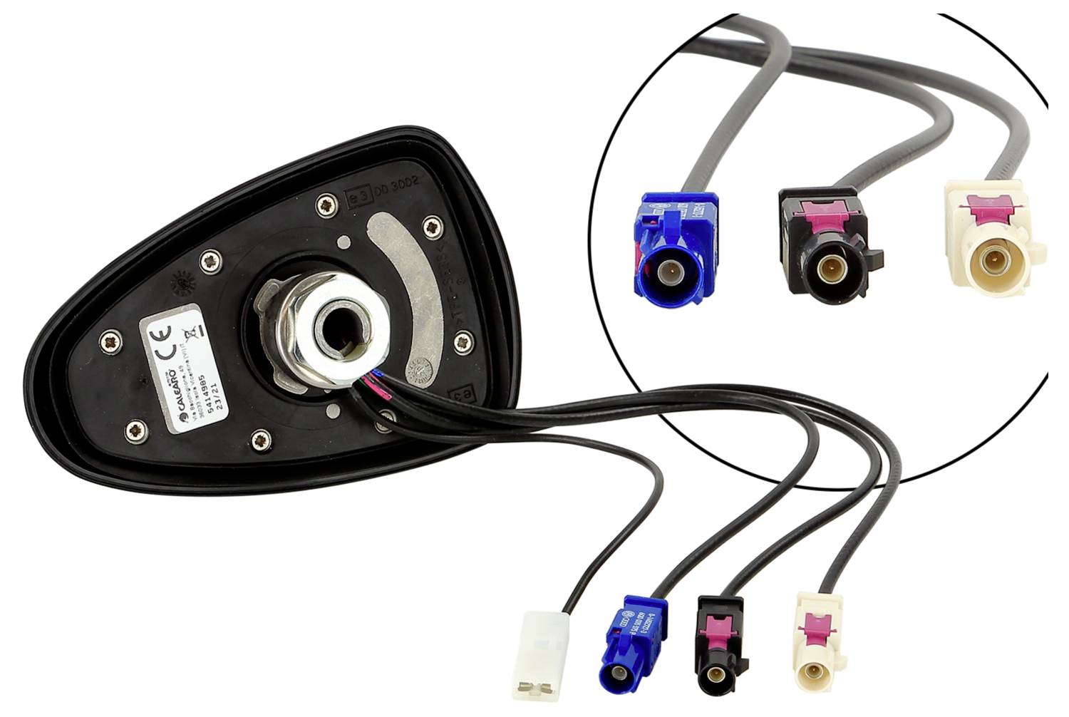 Seitenspiegel-Blinkleuchtenmodul für Kraftfahrzeuge mit Kabelbaum und Steckverbindern, dargestellt mit einer Nahaufnahme von drei farbcodierten Steckerenden in einer Einleitung.