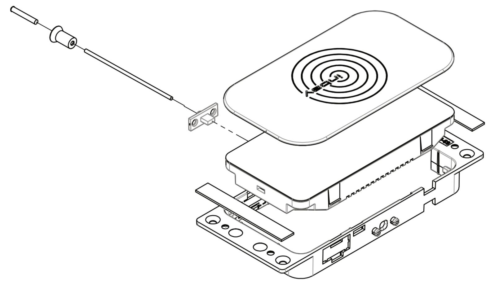 Explosionszeichnung einer kabellosen Ladevorrichtung mit dem oberen Ladepad, internem Modul, Basisgehäuse und Verbindungskabel.