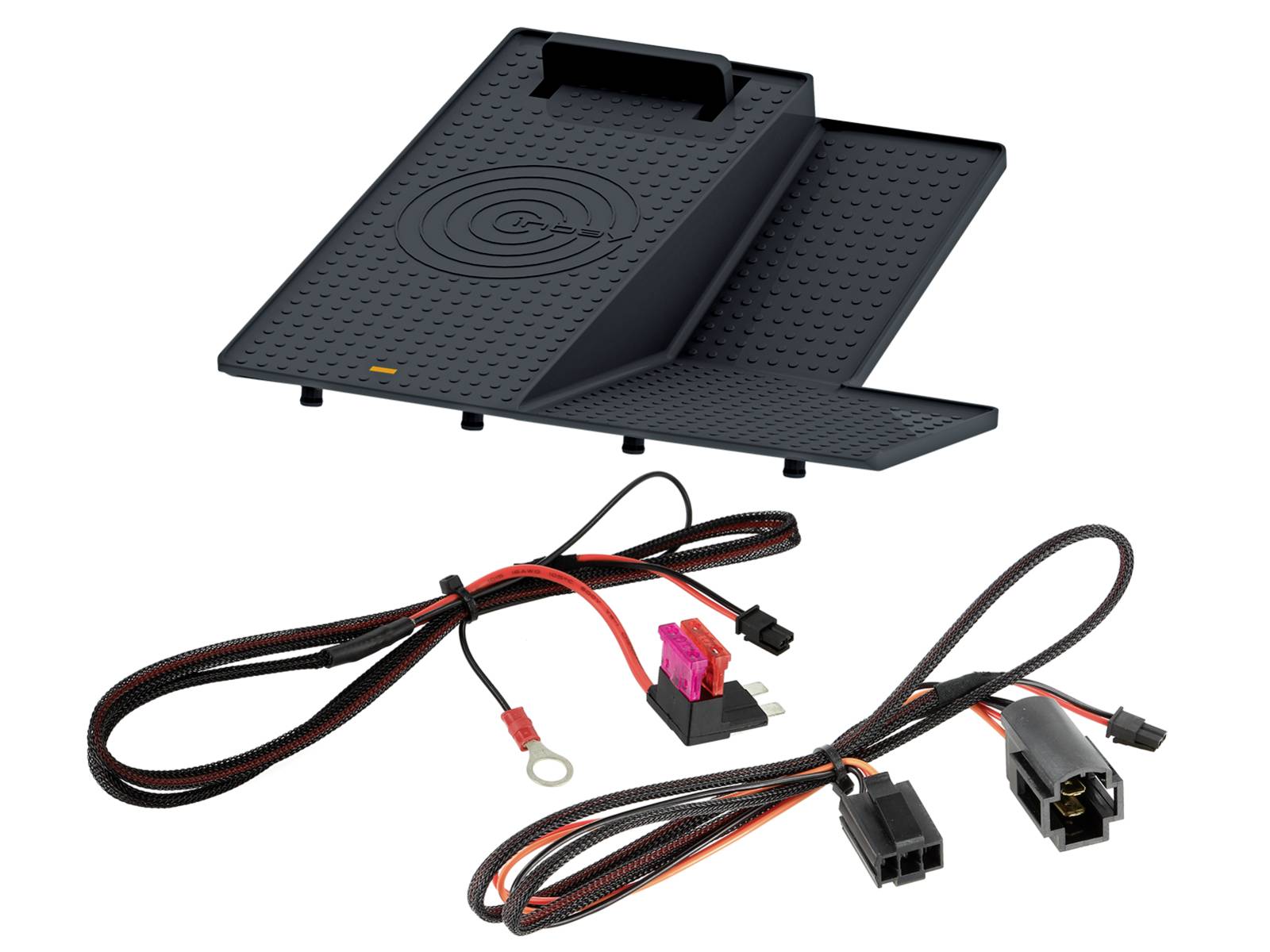 Wireless-Ladepad mit unten angezeigten Installationskabelbäumen und Steckverbindungen.