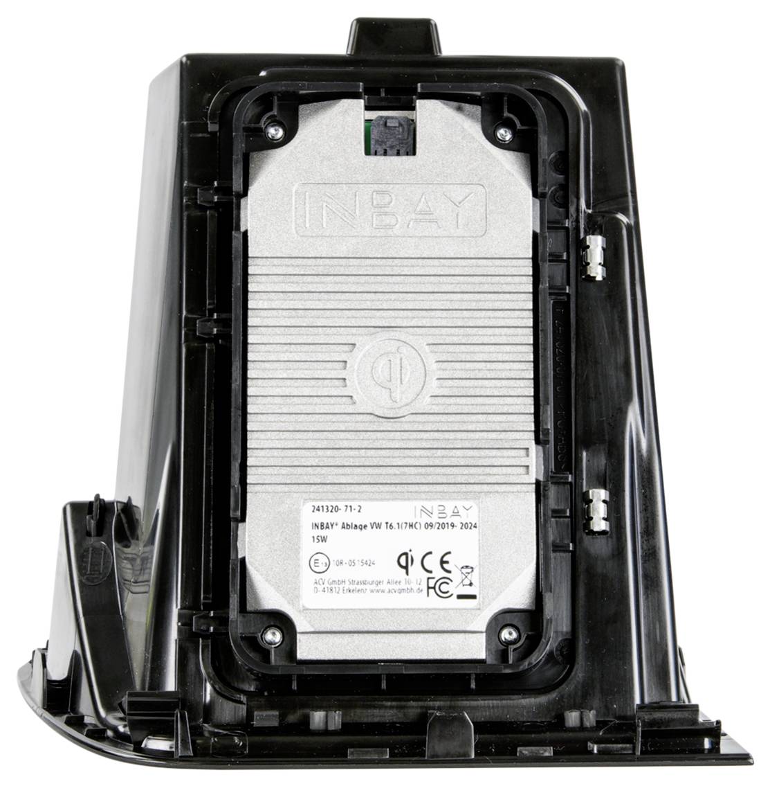 Rückansicht einer schwarzen 1Bay-Funkzugriffspunkt- oder Basisstation, die das montierte silberne „INBAY