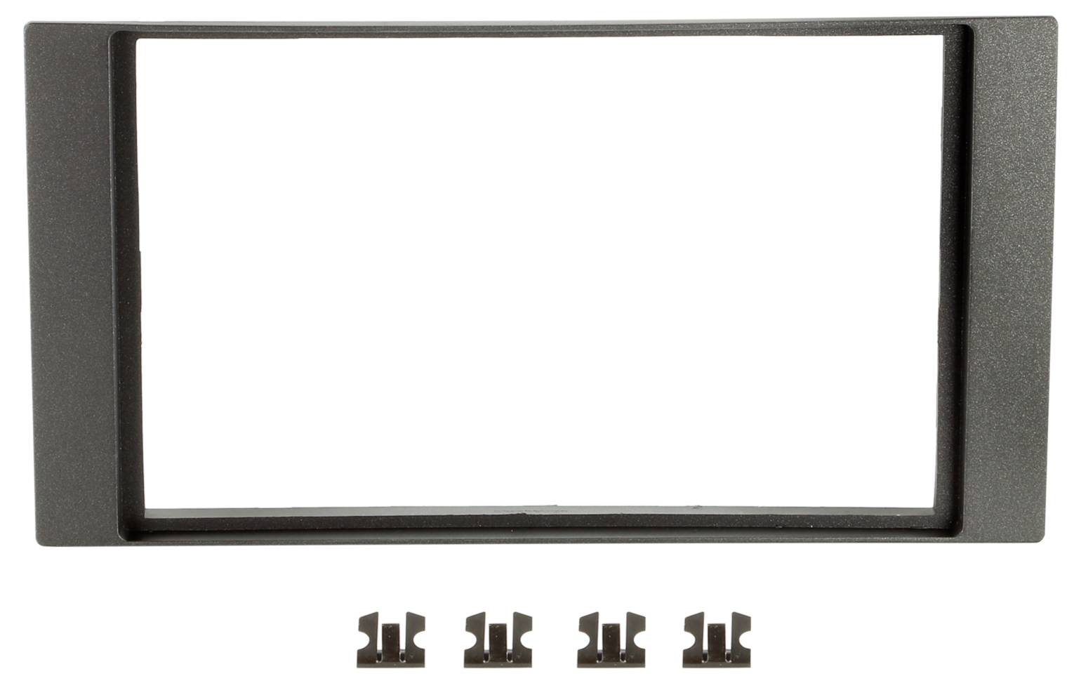 Schwarzer rechteckiger Dashboard-Montagrahmen mit vier kleinen Metallclips darunter auf weißem Hintergrund.