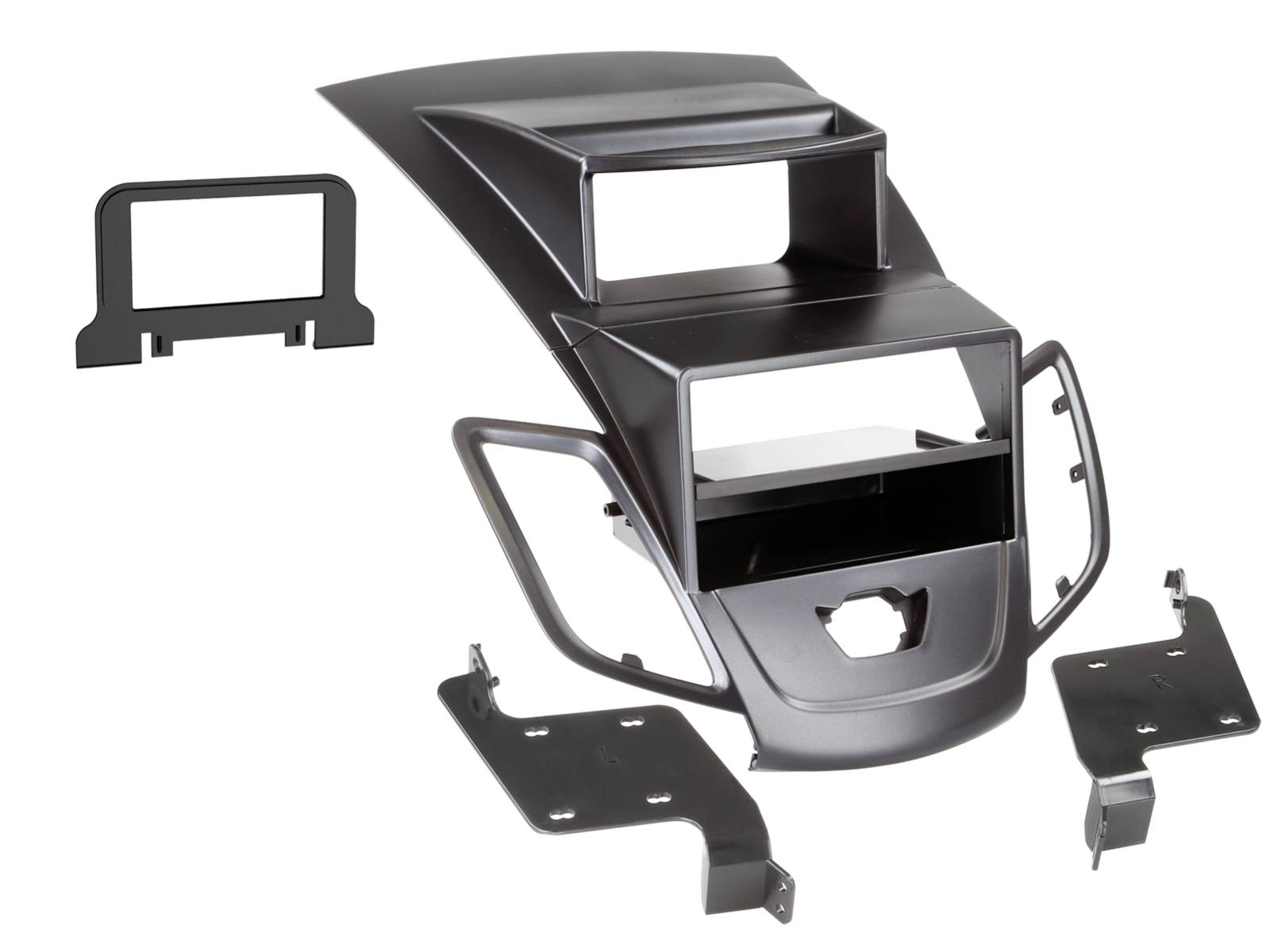 Schwarze Kunststoff-Armaturenbrett-Konsole und Verkleidungspanele für ein Fahrzeug, dargestellt als explodierte Teilelayout auf weißem Hintergrund.