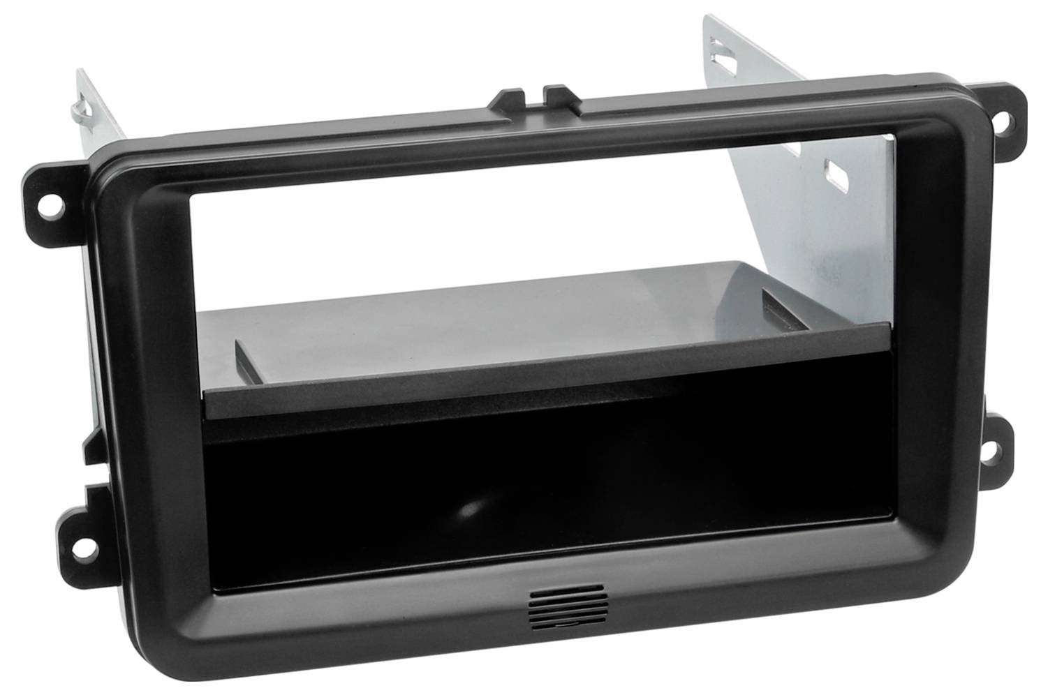 Schwarze rechteckige Armaturenbrett-Montageklammer oder Autoradio-Installationssatz mit Seitenlaschen und offener mittlerer Aussparung.