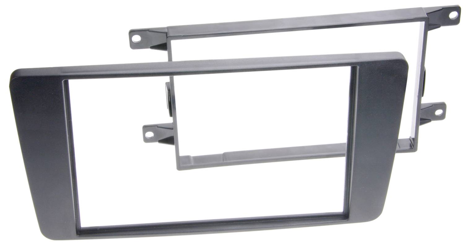 Zwei schwarze Kunststoff-Autostereo-Armaturenbrett-Montageleisten, vorne und hinten gezeigt, mit Halterungen für die Installation.