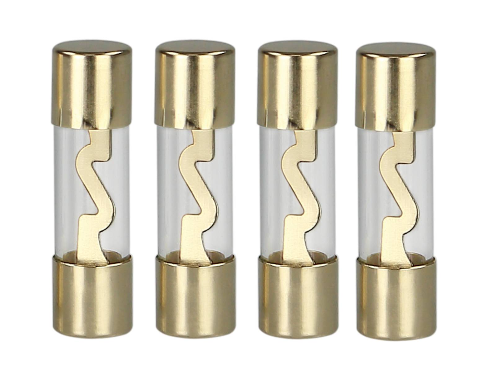 Vier Glassicherungen mit goldgefärbten Metallkappen und Zickzack-Glühdrähten, aufrecht auf weißem Hintergrund gezeigt.