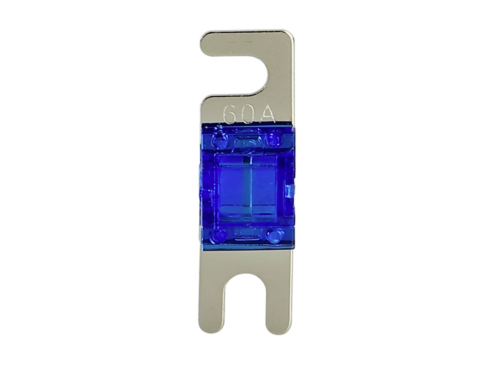 Blauer 60A-Elektrosicherung mit Metallblattkontakten auf weißem Hintergrund.