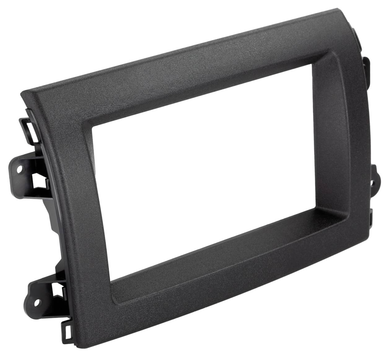 Schwarzer Kunststoff-Armaturenbrett-Stereorahmen für Autoeinbau mit großer rechteckiger Öffnung und Montagelaschen.