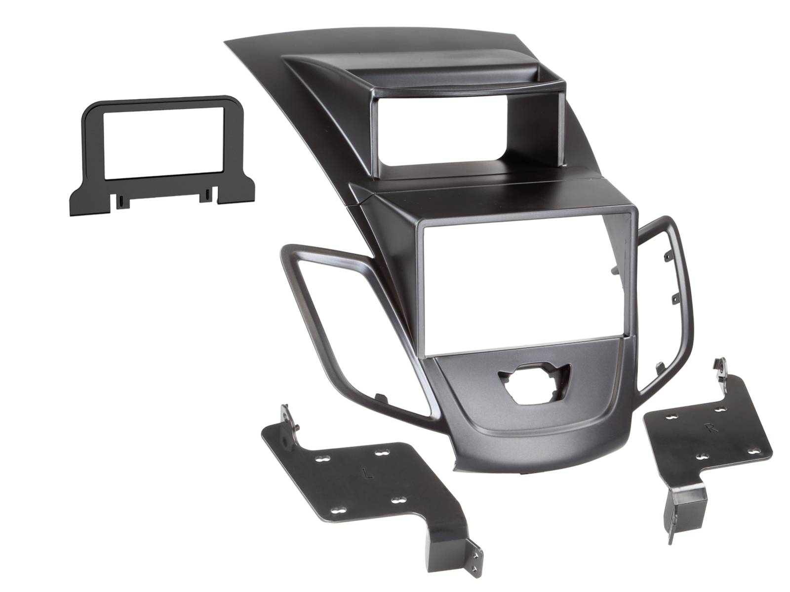 Schwarzes Kunststoff-Armaturenbrett-Stereo-/Konsolenzierleisten-Set mit Blende, Seitenbügeln und Befestigungsplatten, gezeigt auf weißem Hintergrund