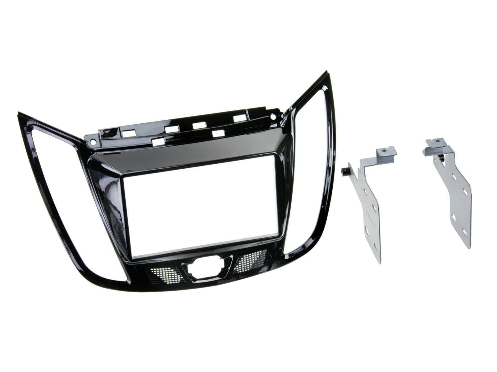 Schwarze Kunststoff-Armaturenbrett-Radioblende für Automobil mit zwei silbernen Befestigungsbügeln auf weißem Hintergrund.