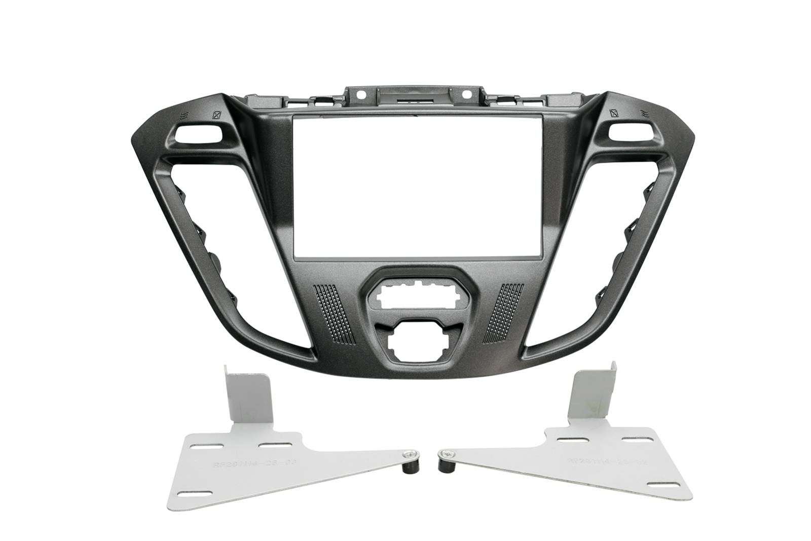 Schwarzer Autodashboard-Mittelkonsolen-Rahmen mit zwei silbernen Befestigungsklammen auf weißem Hintergrund