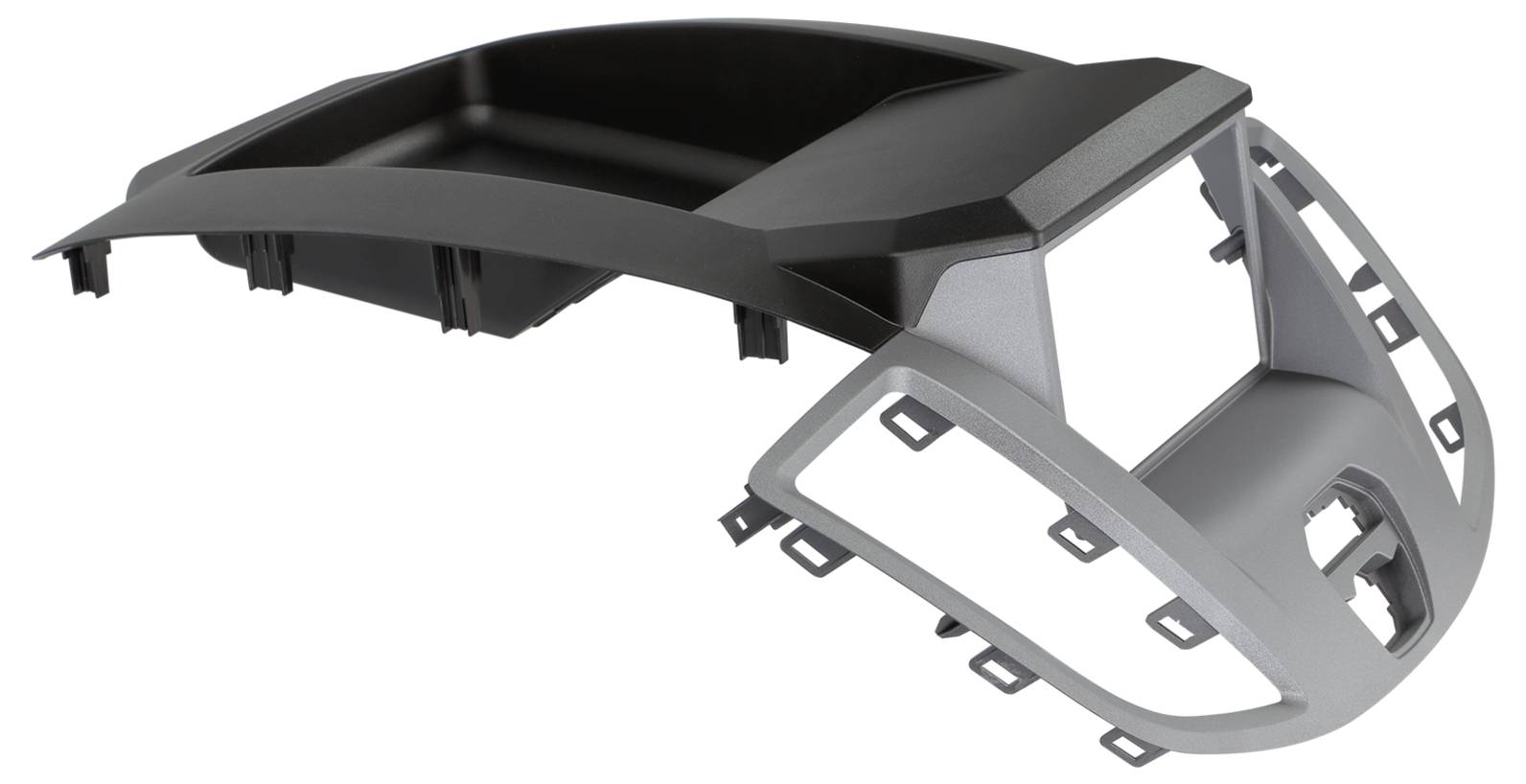3D-Rendering einer grauen und schwarzen Kunststoff-Armaturenbrett-Mittellkonsolentrimleiste mit offenem Lagerfach und Befestigungslaschen, dargestellt auf weißem Hintergrund