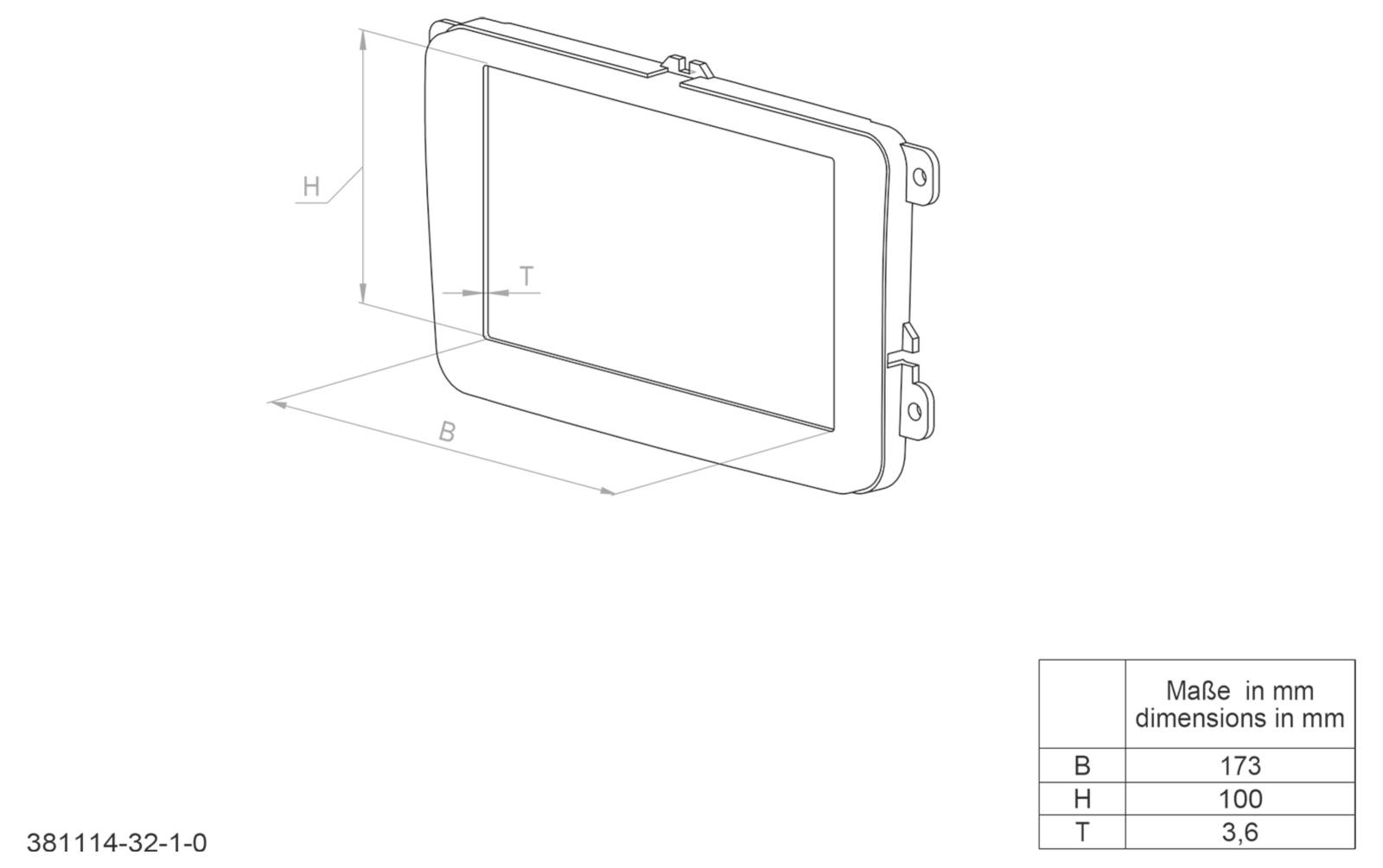 Technische Zeichnung eines rechteckigen Gerätepanels mit Dimensionsbeschriftungen B, H und T; Tabelle listet Messwerte in mm auf: B 173, H 100, T 3,6.