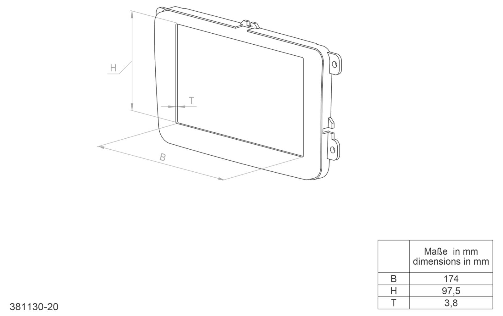 Technische Linienzeichnung eines rechteckigen Panels mit Montagelaschen, beschriftete Abmessungen B 174 mm, H 97,5 mm und T 3,8 mm; Notiz besagt „Hergestellt in Abmessungen mm