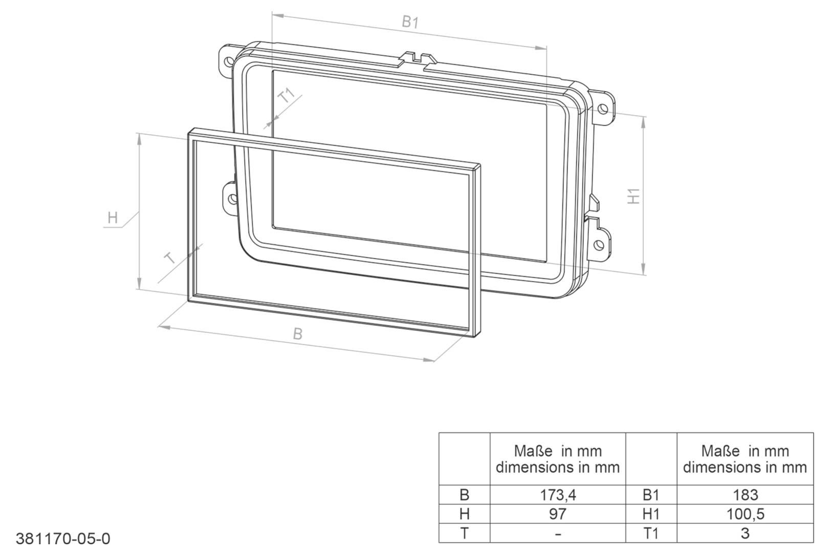 Technische Zeichnung eines rechteckigen Gehäuses mit Deckel und Rahmen, die Abmessungen B 173,4 mm, H 97 mm, B1 183 mm, H1 100,5 mm und T1 3 mm zeigt.